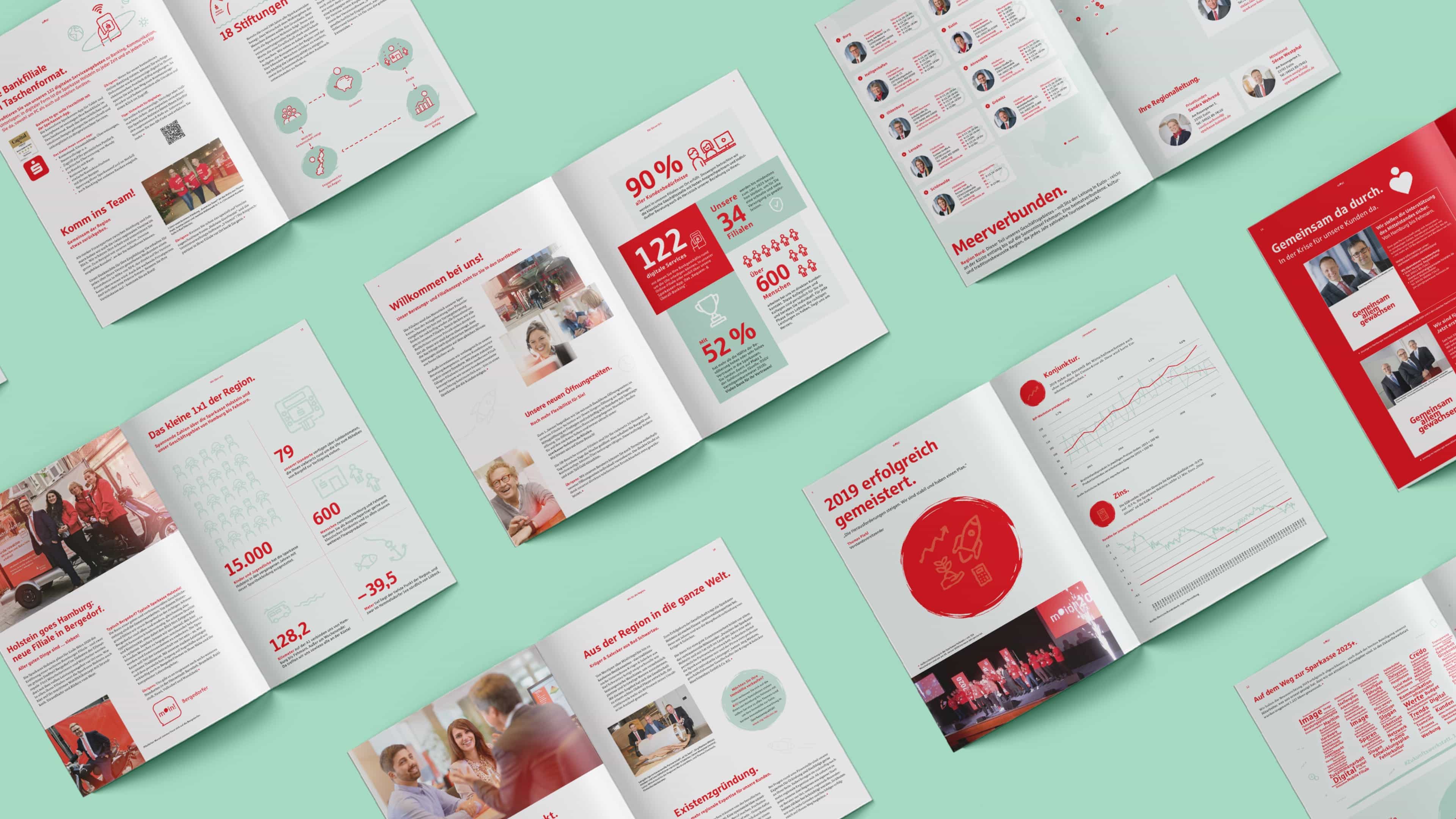 Sieben aufgeklappte Kataloge der Sparkasse Kiel