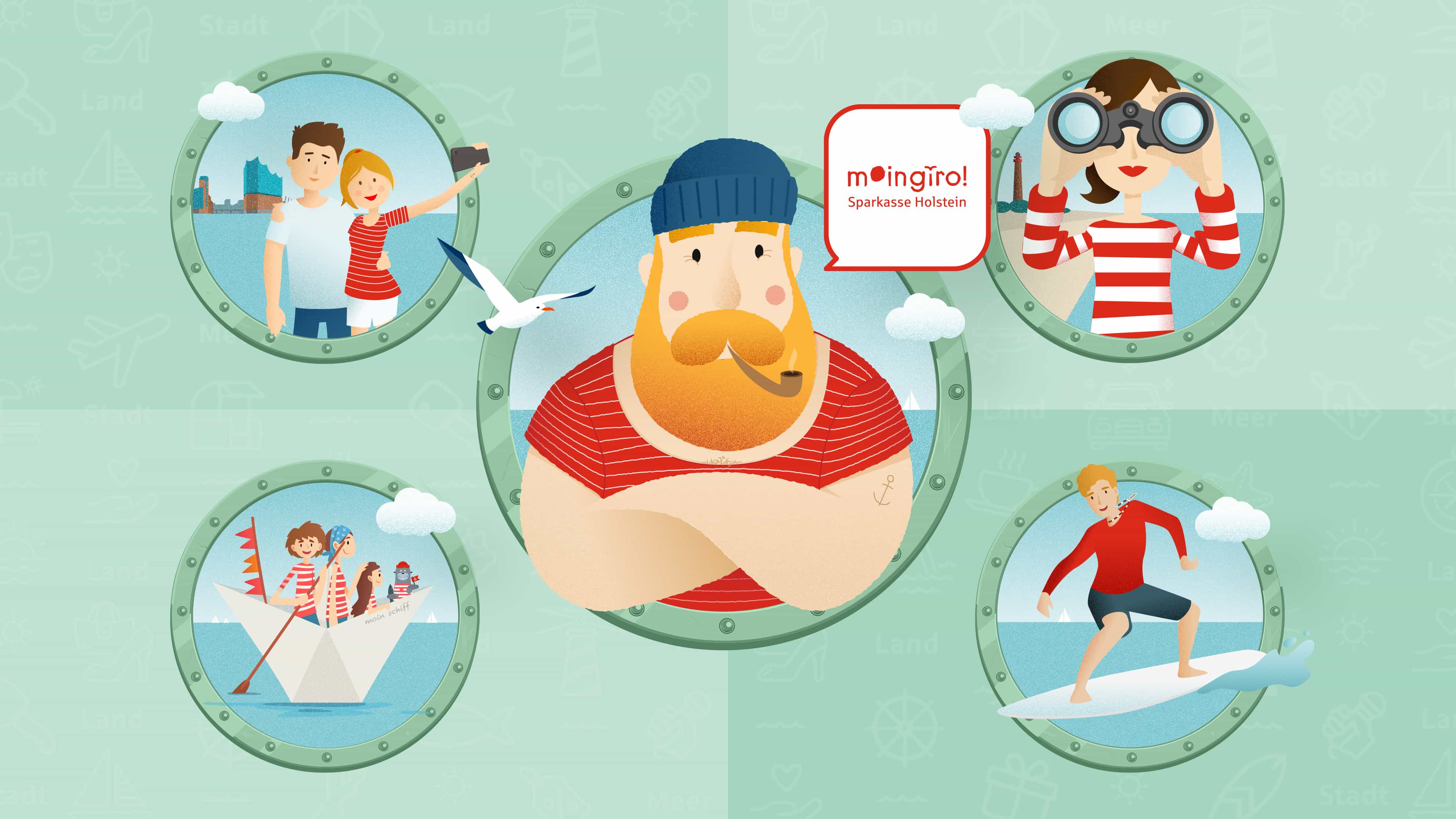 Fünf Fenster mit fünf verschiedenen Illustrationen