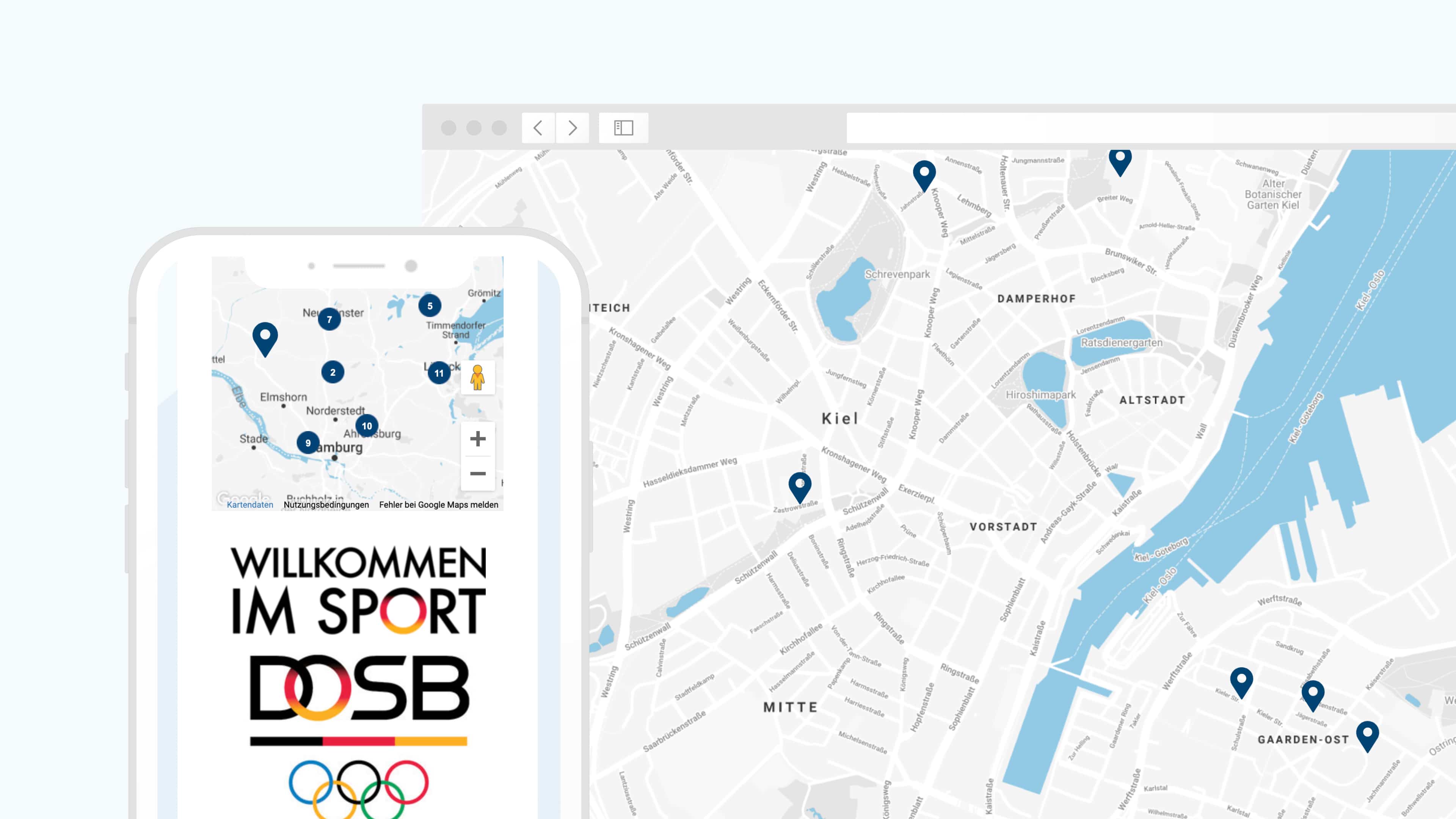 Landkarte von Kiel mit Standorten des lsv