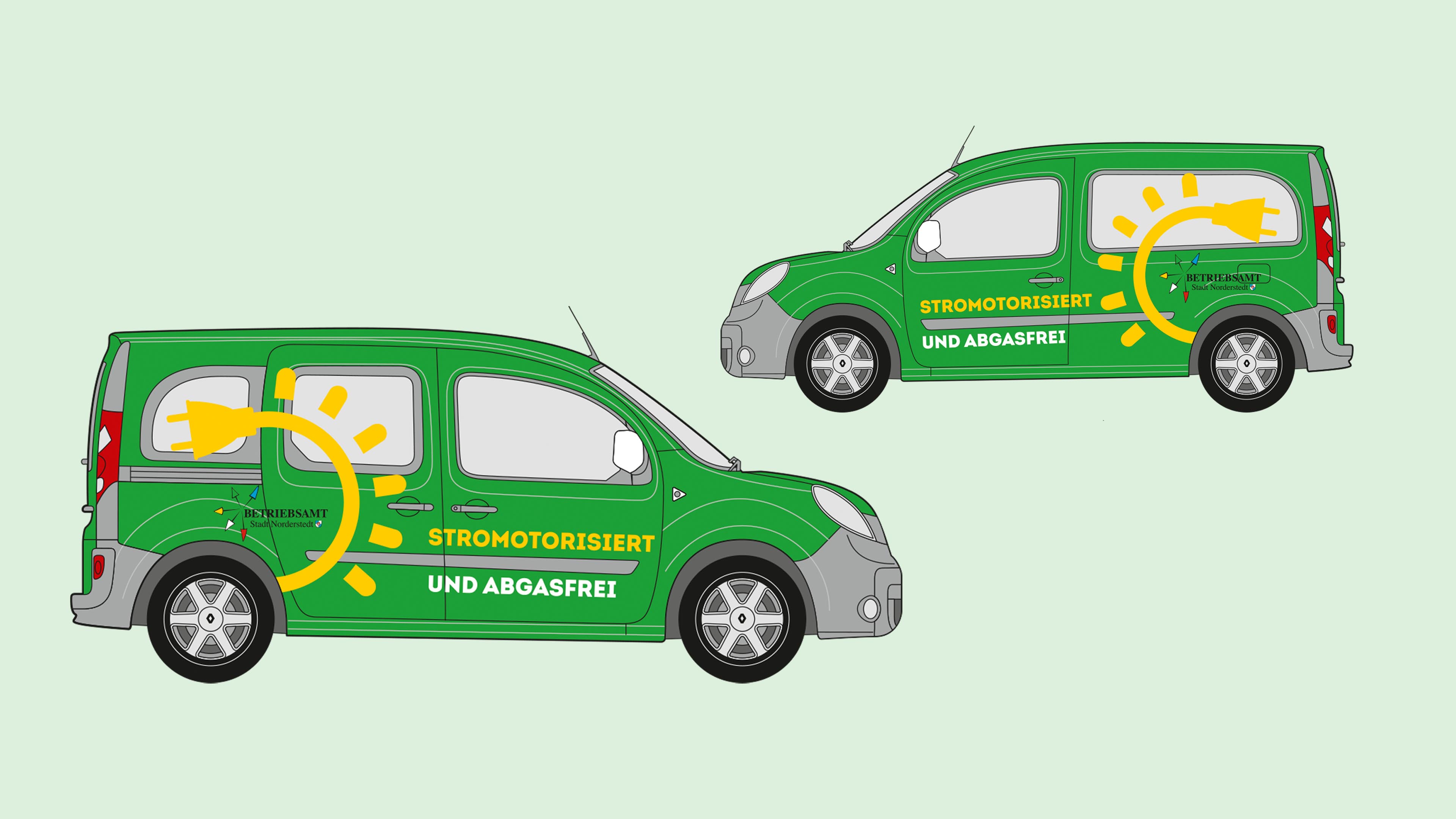 hochzwei_stno_slider_03.jpg Zwei Grüne Busse mit einer gelben Sonne