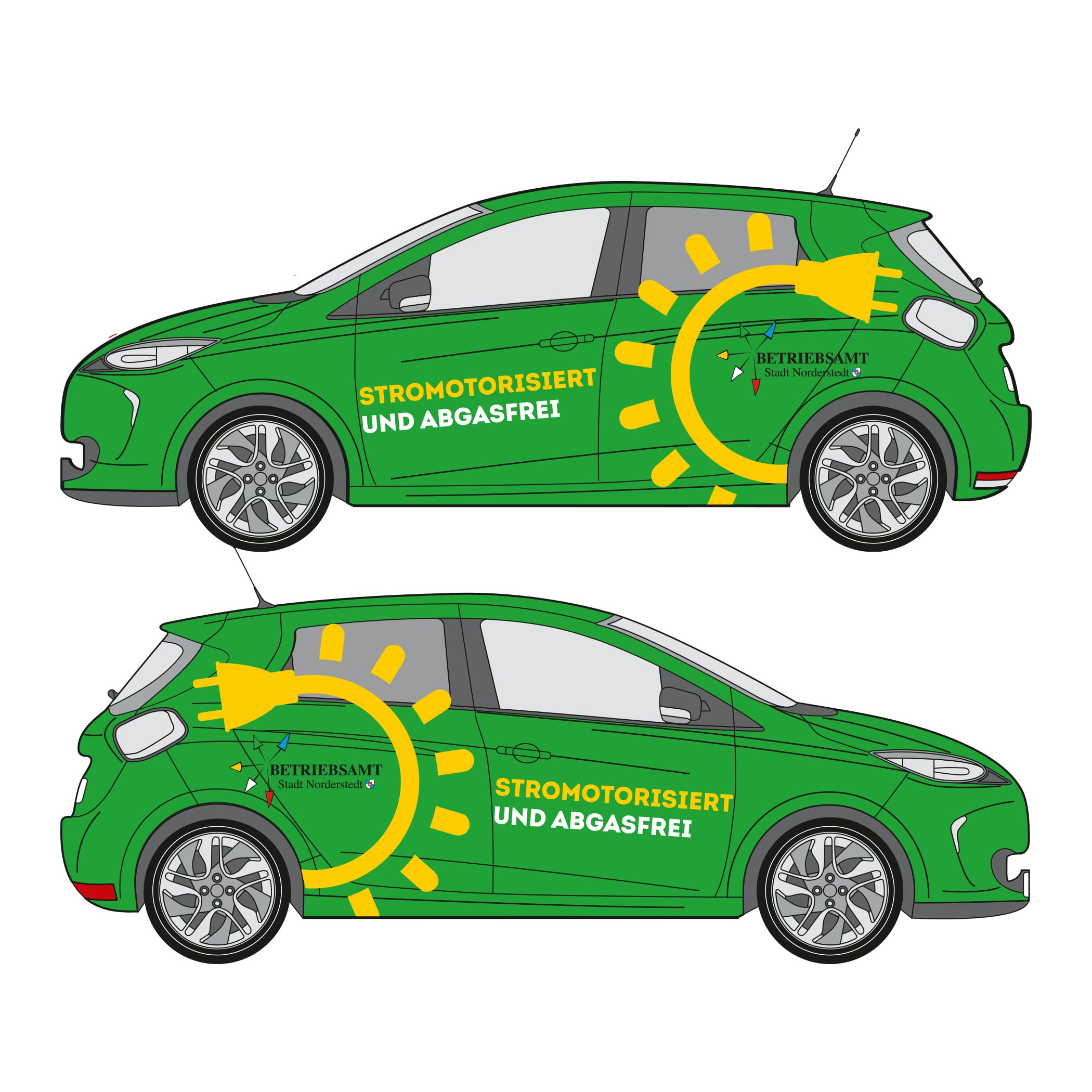 hochzwei_stno_teaser_01.jpg Zwei grüne Autos mit gelber Sonne