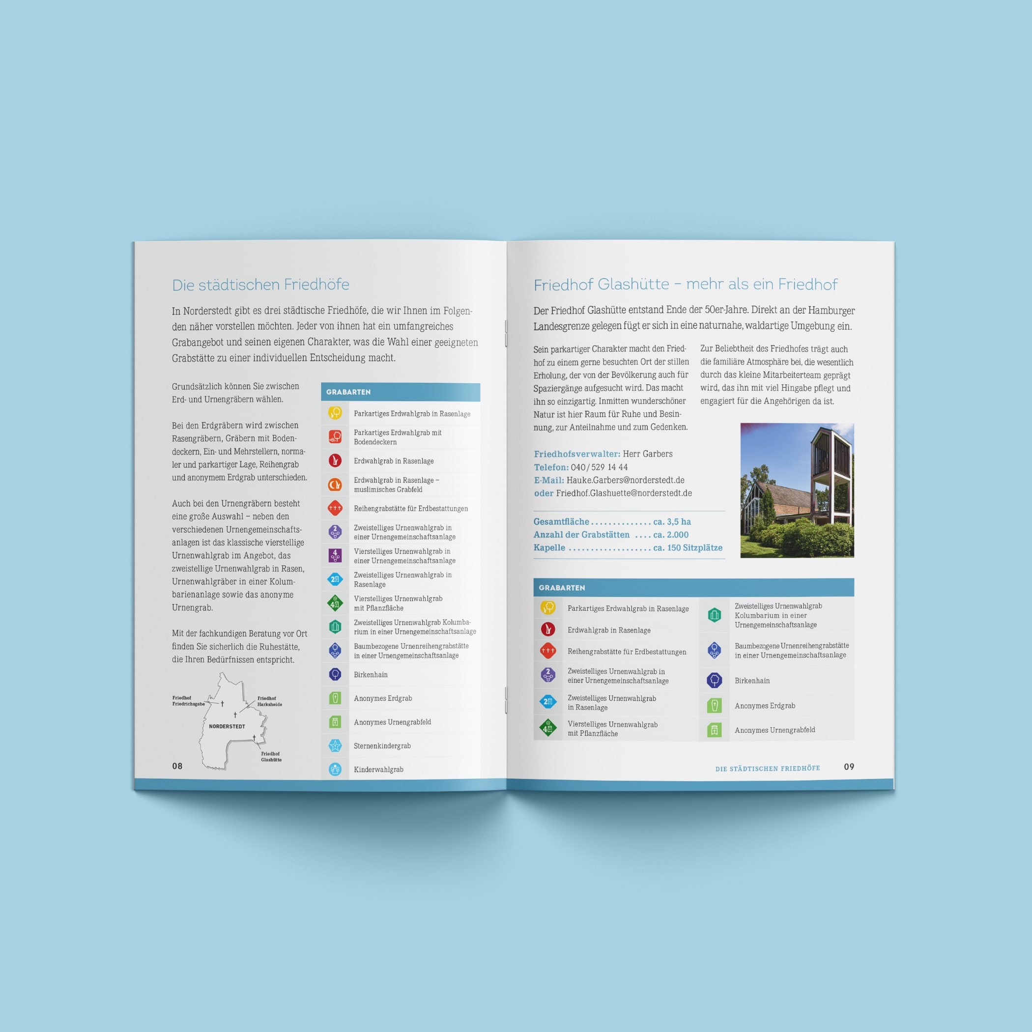 hochzwei_stno_teaser_05.jpg Aufgeschlagener Katalog der Stadt Norderstedt Friedhoefe