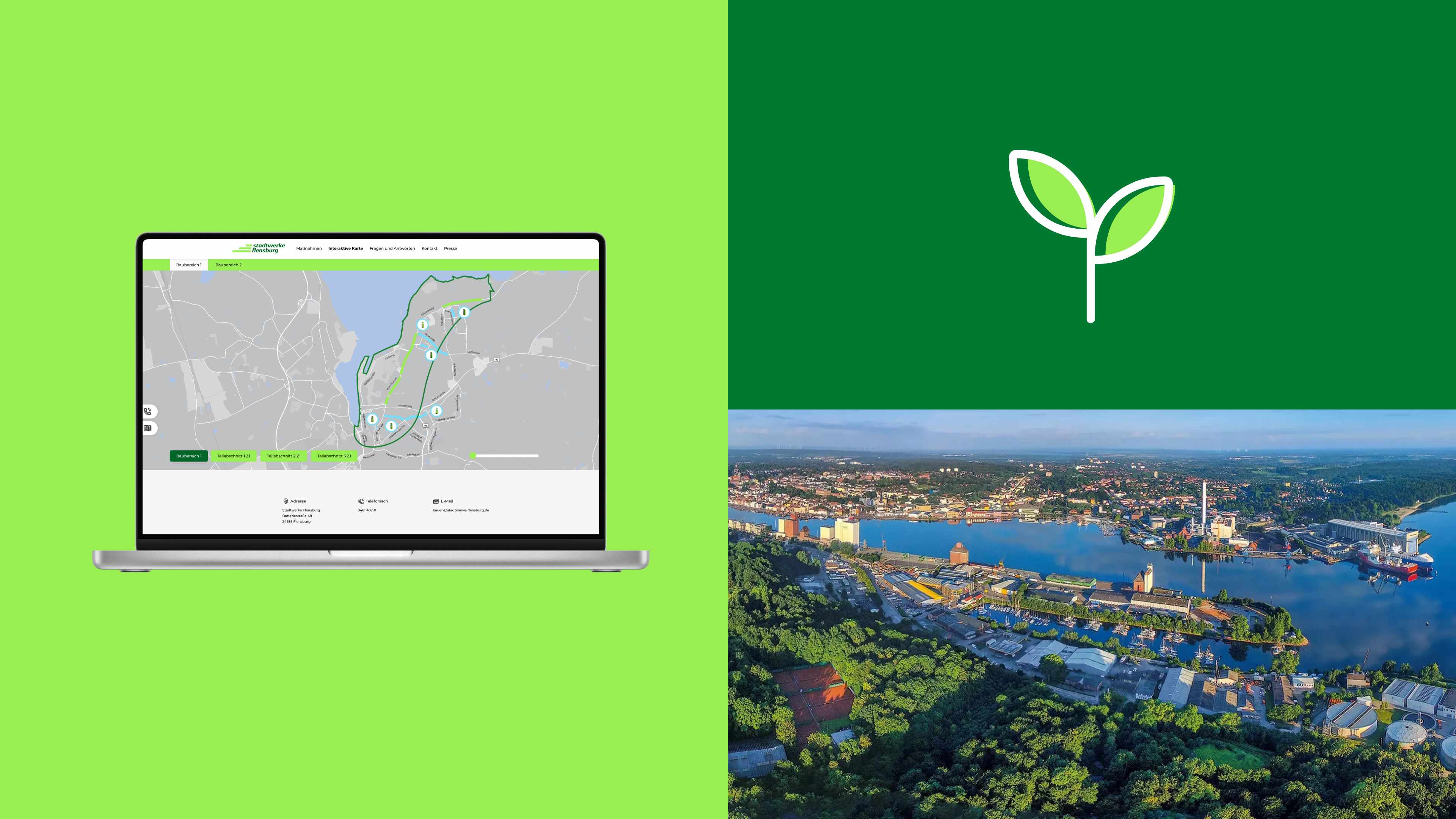 Dreigeteilte Grafik. Ein Laptop mit einer Baustellenkarte von Flensburg, eine digitale Grafik eines hellgrünen Sprösslings mit zwei Blättern und ein Panoramafoto der Flensburger Förde.