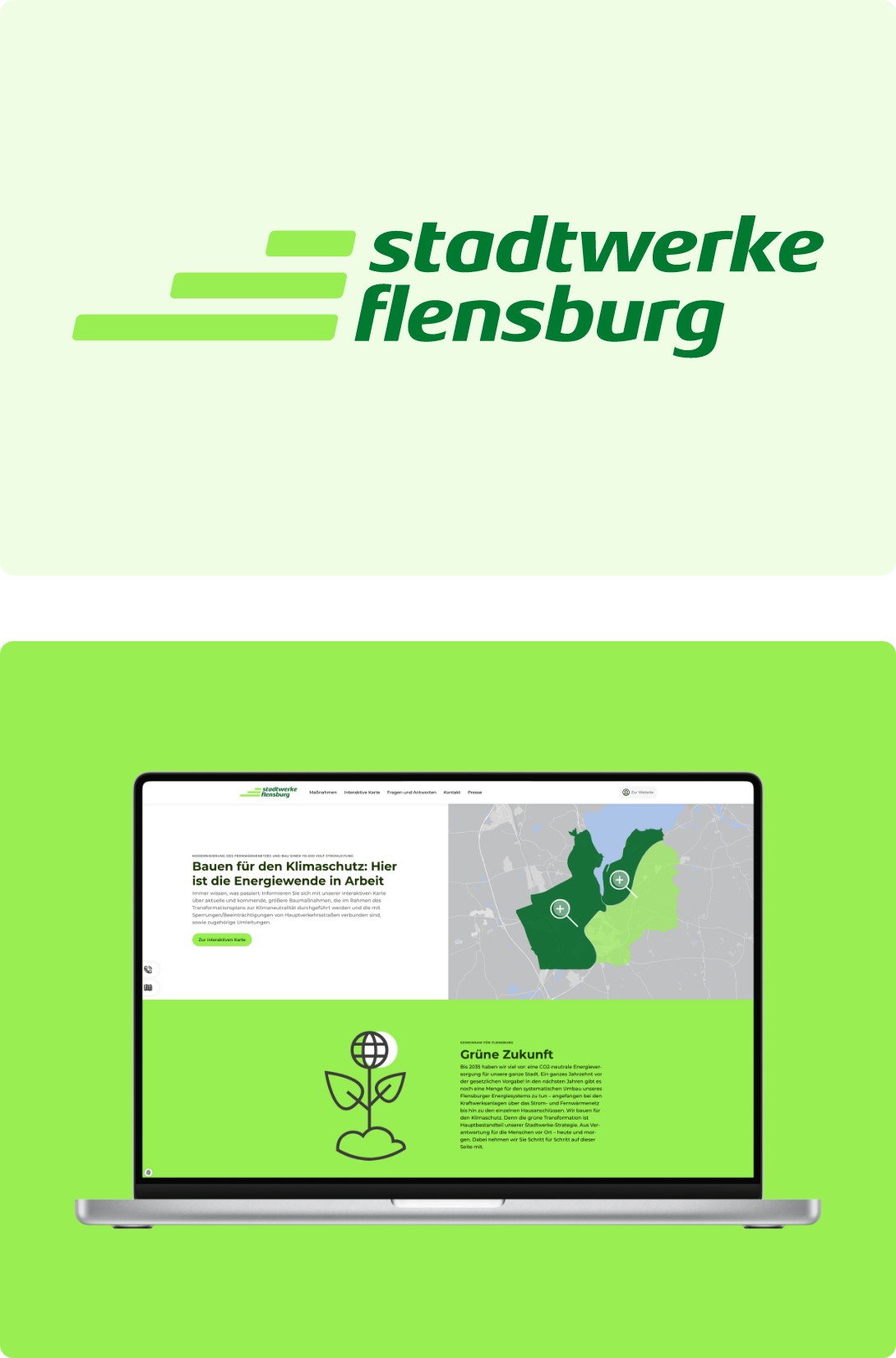 h2_stfl_bau_teaser_01.jpg Zweigeteilte Grafik. Oben das Stadtwerke Flensburg Logo in drei verschiedenen Grüntönen, darunter ein Laptop mit einer Ansicht der Baustellen Landingpage.