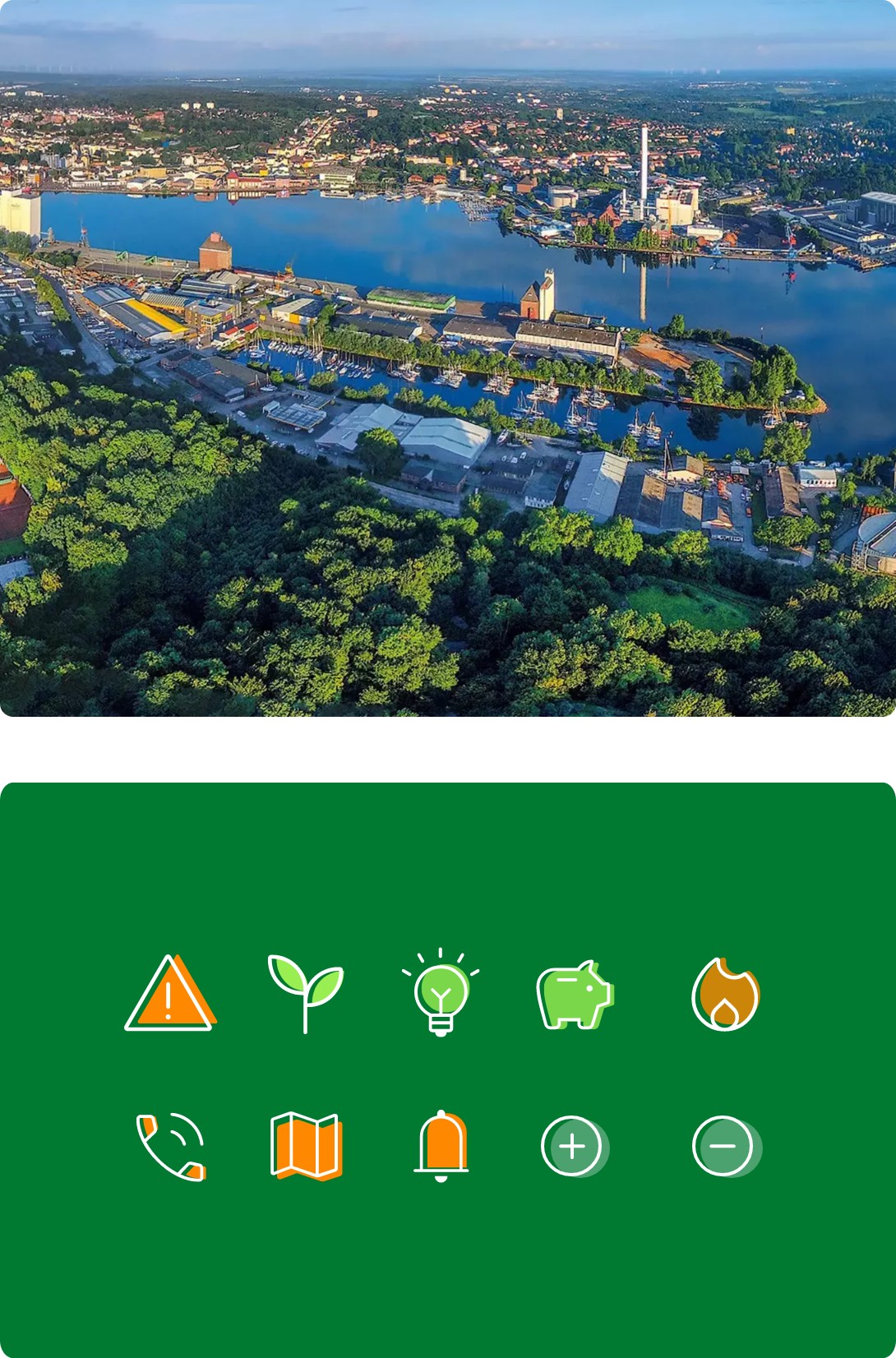 h2_stfl_bau_teaser_02.jpg Zweigeteilte Grafik. Ein Panoramafoto der Flensburger Förde und eine digitale Grafik mit 10 kleinen Icons - Ein Warmschild mit einem Ausrufezeichen, ein Sprössling mit zwei Blättern, eine Glühbirne, ein Sparschwein, ein Feuersymbol, Telefon, Landkarte, Glocke, Pluszeichen und Minuszeichen.