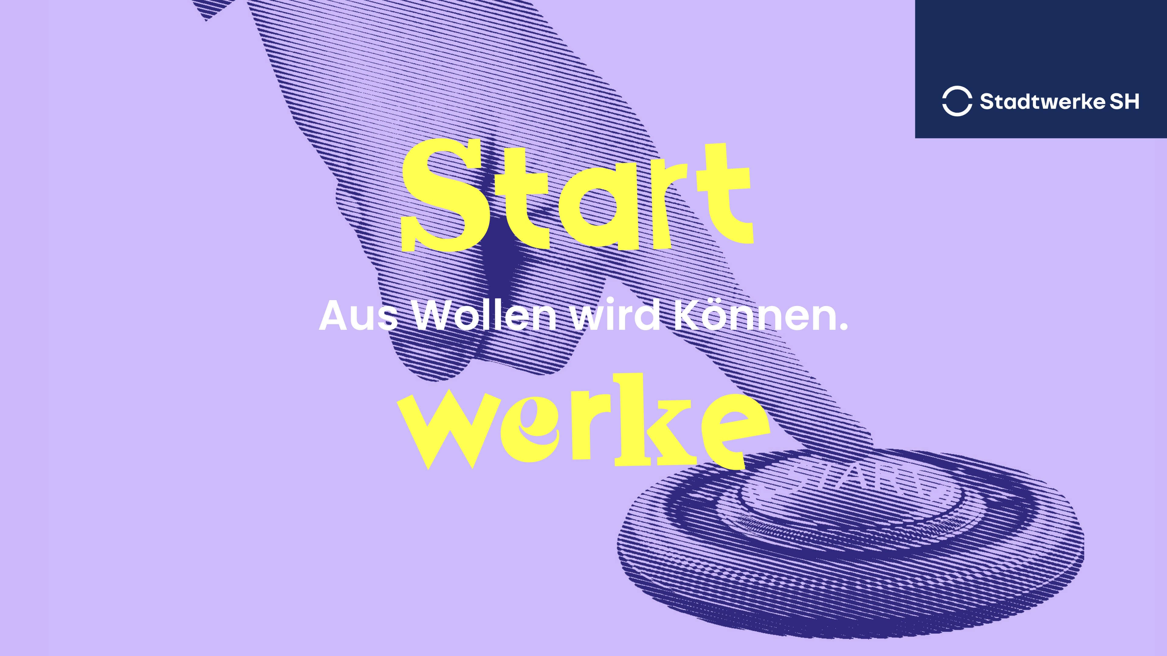 Plakat, mit einem Finger, der auf einen Startknopf drückt. Überschrift: Startwerke – Aus Wollen wird Können.