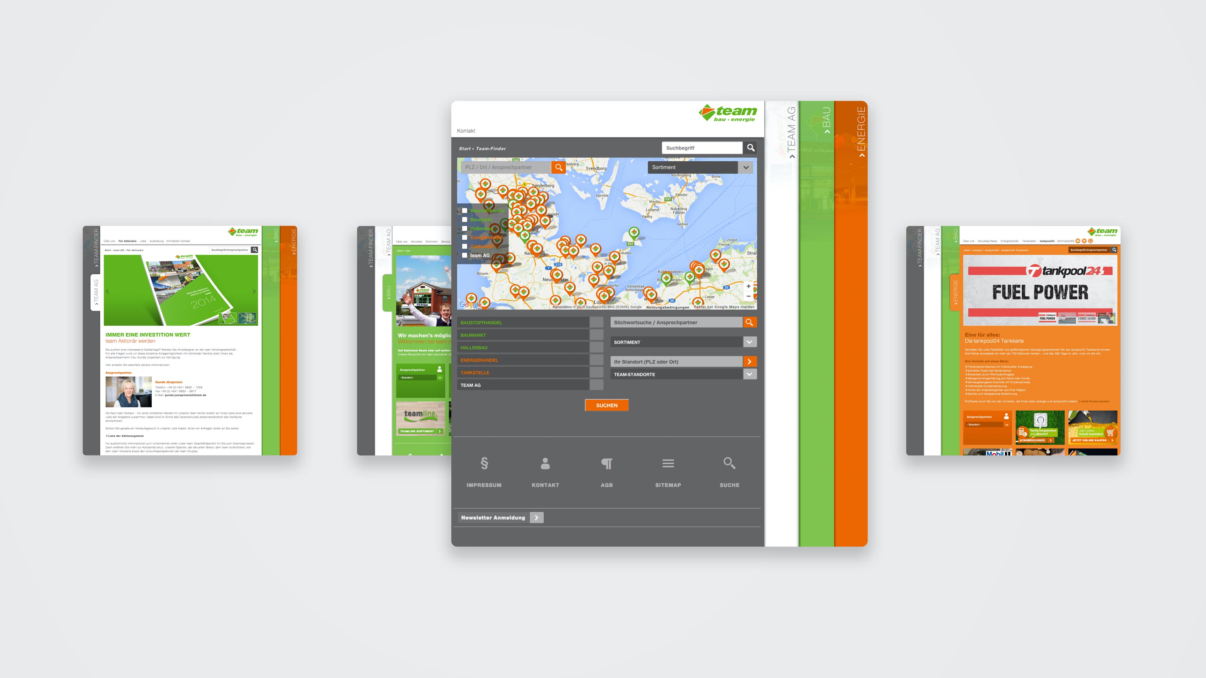 hochzwei_team_slider_03.jpg Vier Ausschnitte der Team Baucenter Seite in grün orange