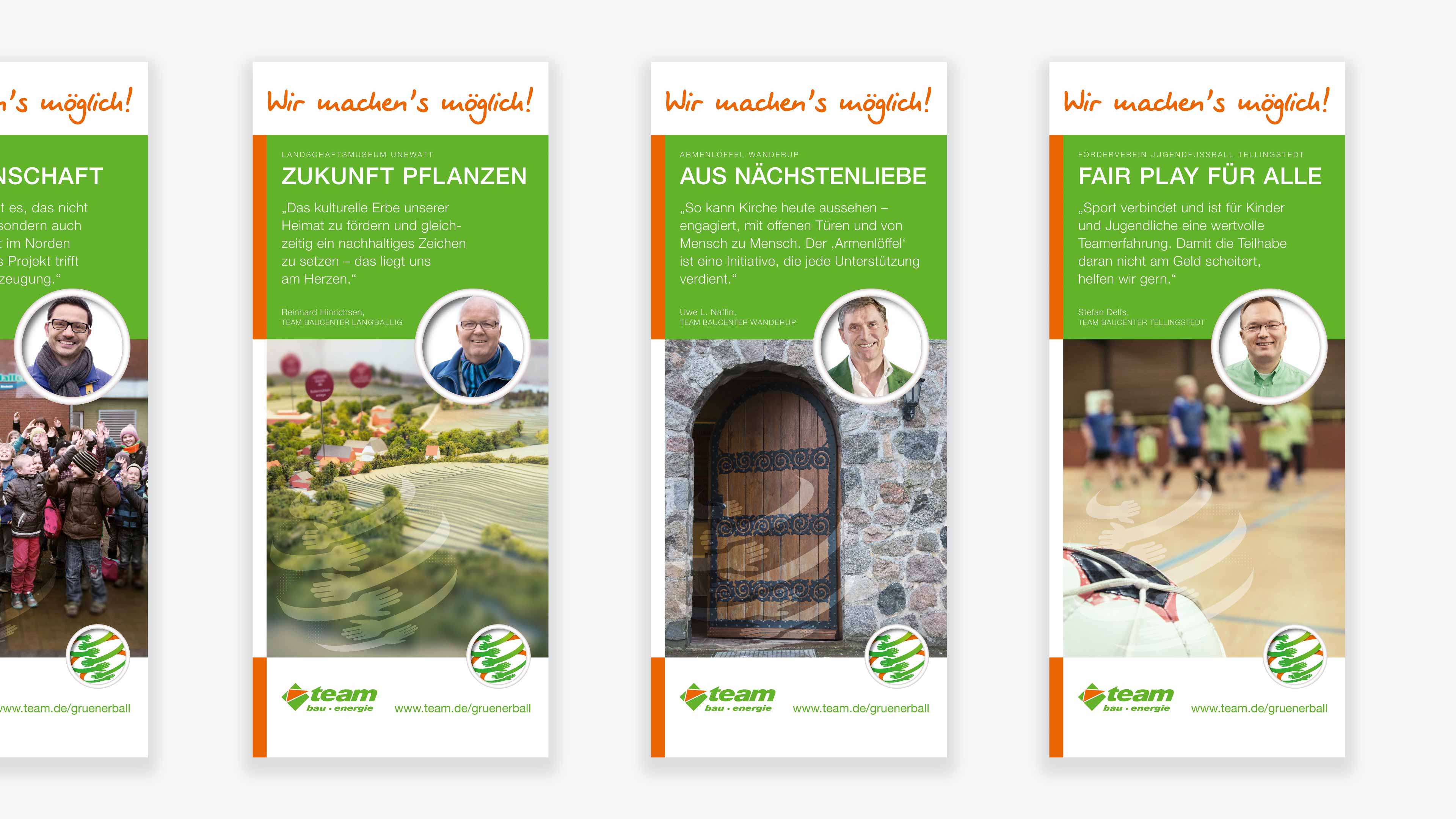 hochzwei_team_slider_03.jpg Vier grüne Flyer Vorderseiten von Team Baucenter