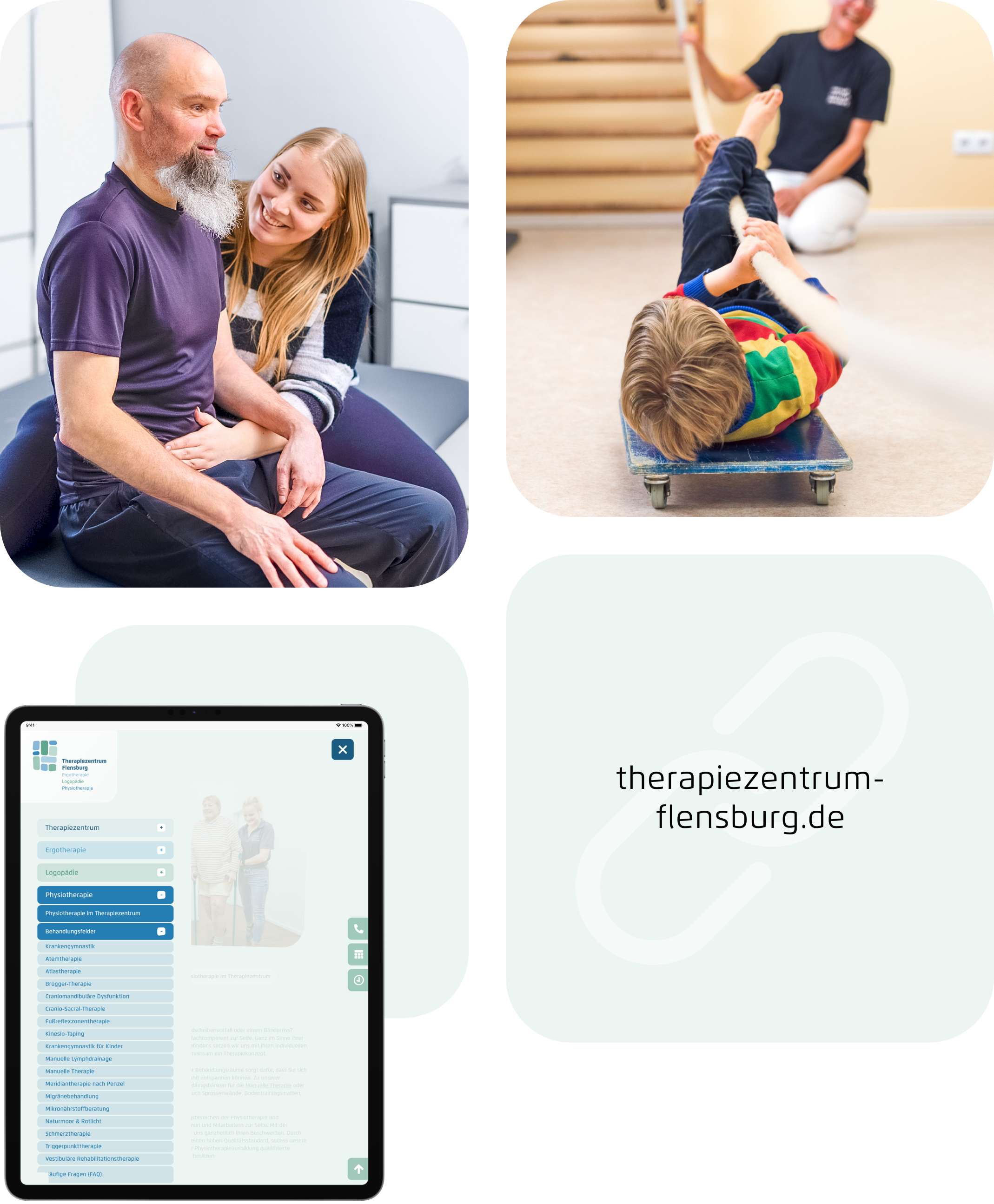 Zu sehen sind Eindrücke aus Behandlungssituationen mit Erwachsenen und Kindern. Zudem zeigt das Bild ein Tablet mit dem neu gestalteten Menü der Internetseite und eine Linkkachel.