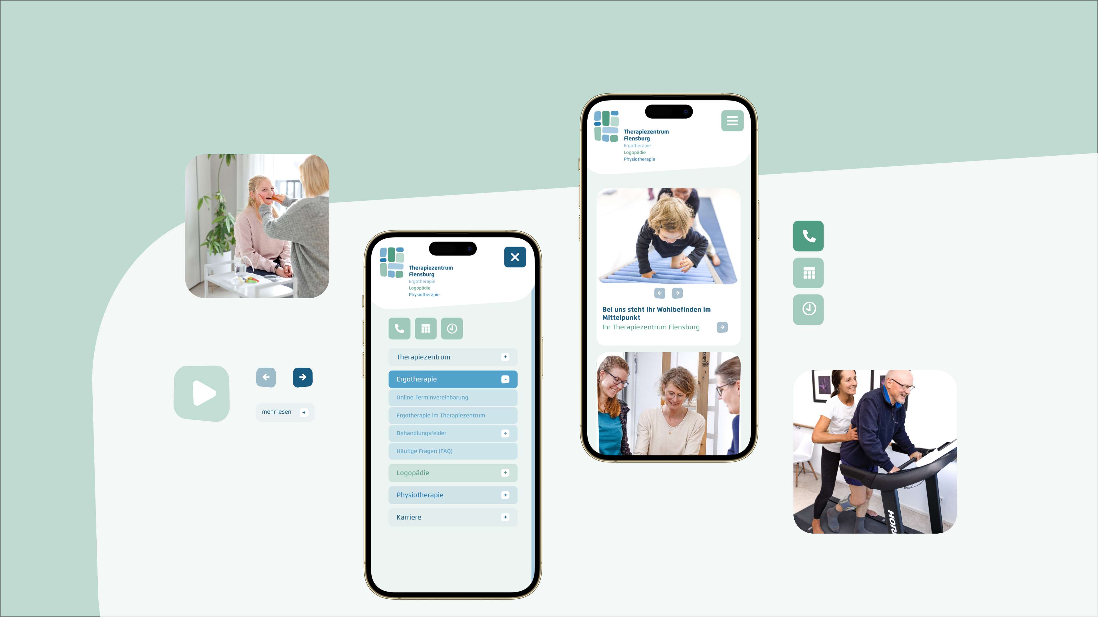 Zu sehen sind zwei Handys, die die neue Seite des Therapiezentrums Flensburg anzeigen. Eingerahmt werden diese von neuen Icons und Bilder von Behandlungsbeispielen.