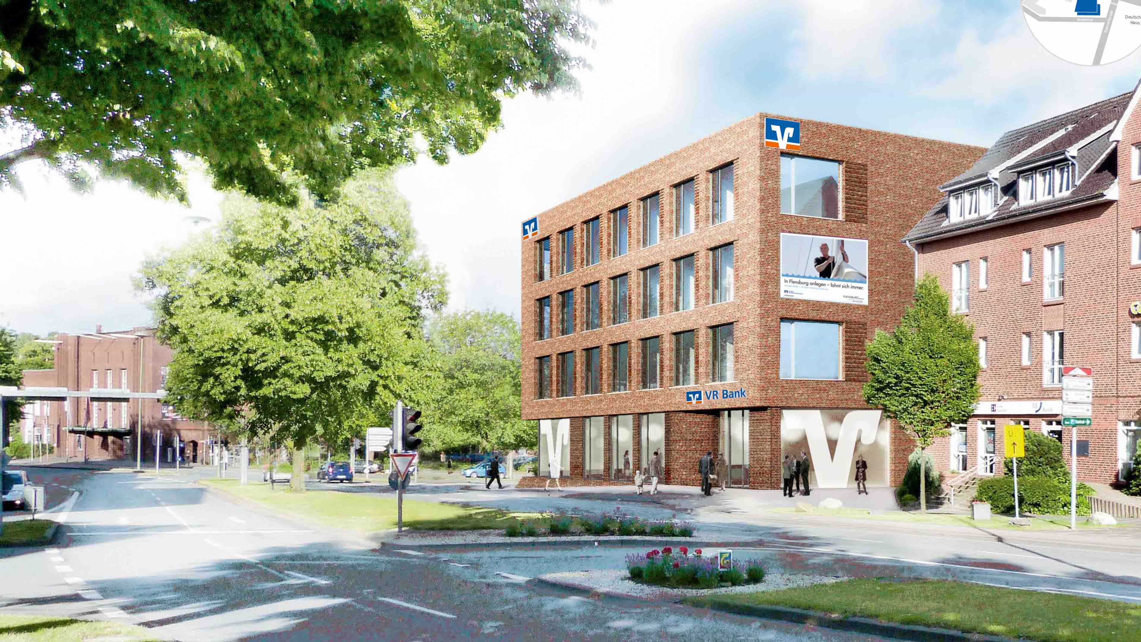Die Außenansicht des VR Bank Gebäudes in Flensburg