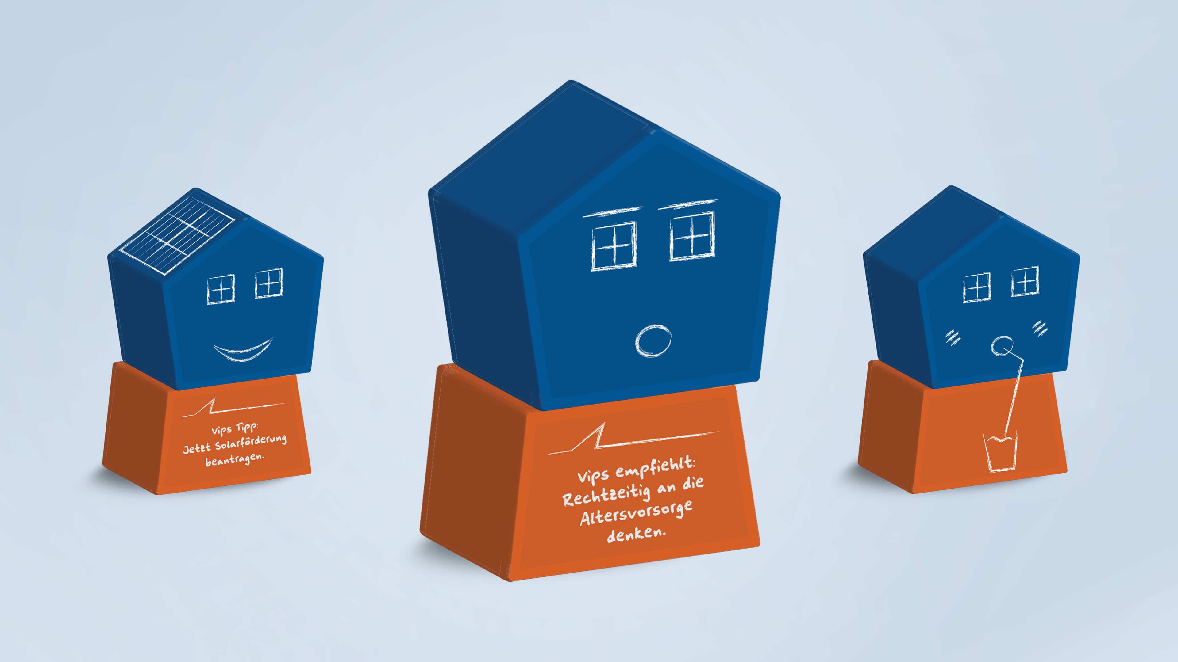 Sechs Kacheln in Blau und Orange