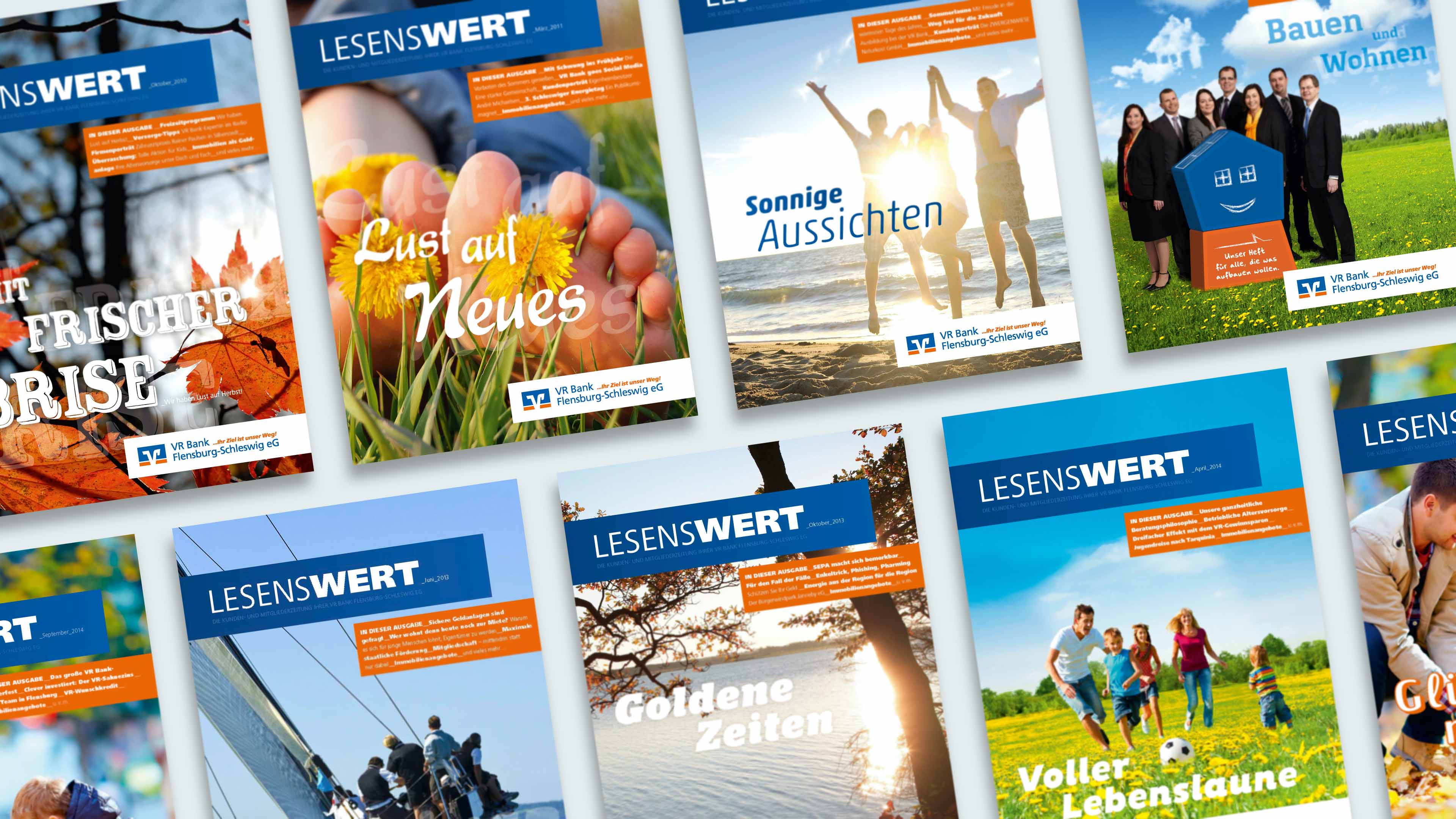 Unterschiedliche Ausgaben des Magazins Lesenswert der VR Bank