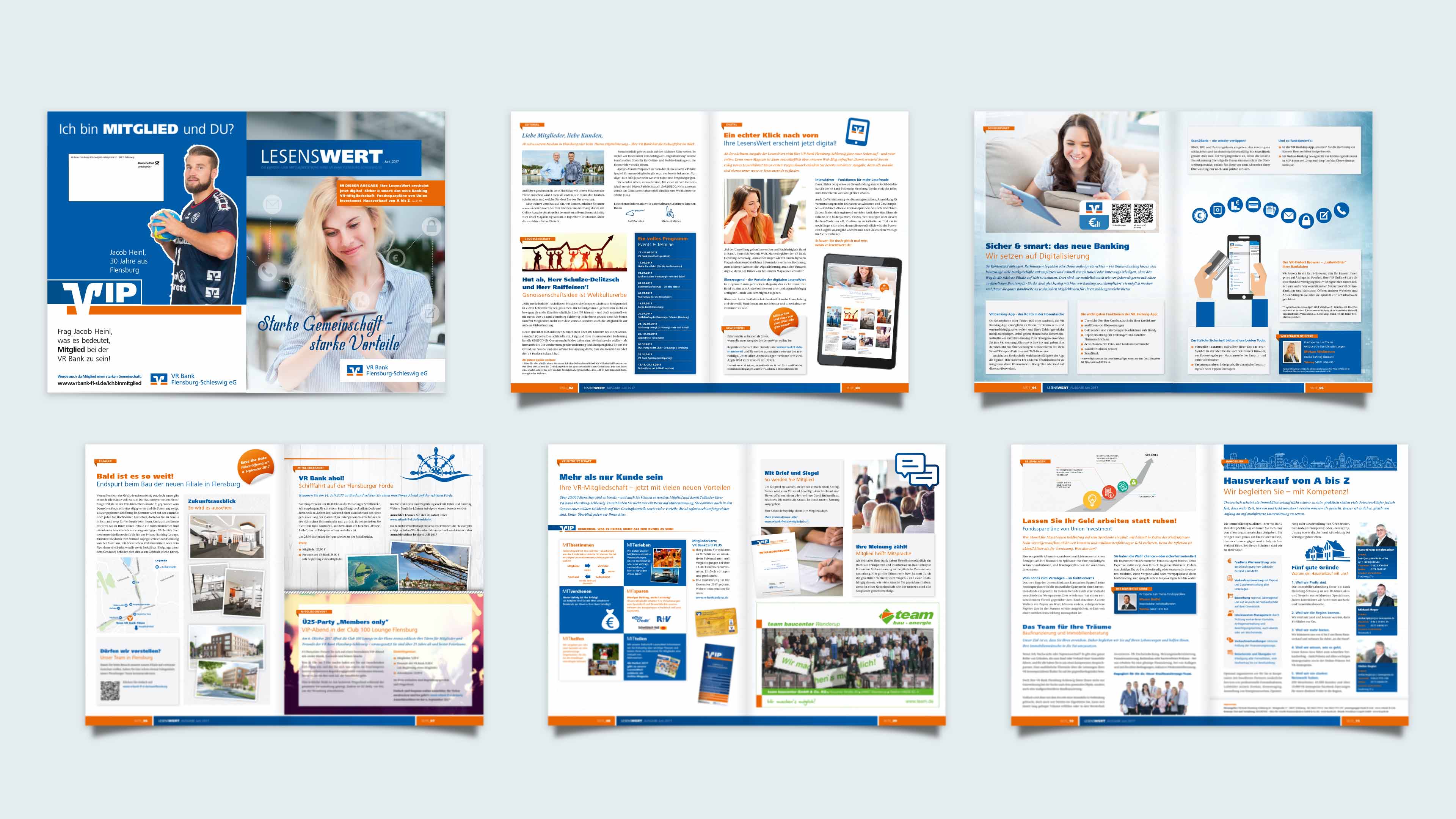 hochzwei_vrba_slider_01.jpg Sechs aufgeschlagene Magazine der VR Bank