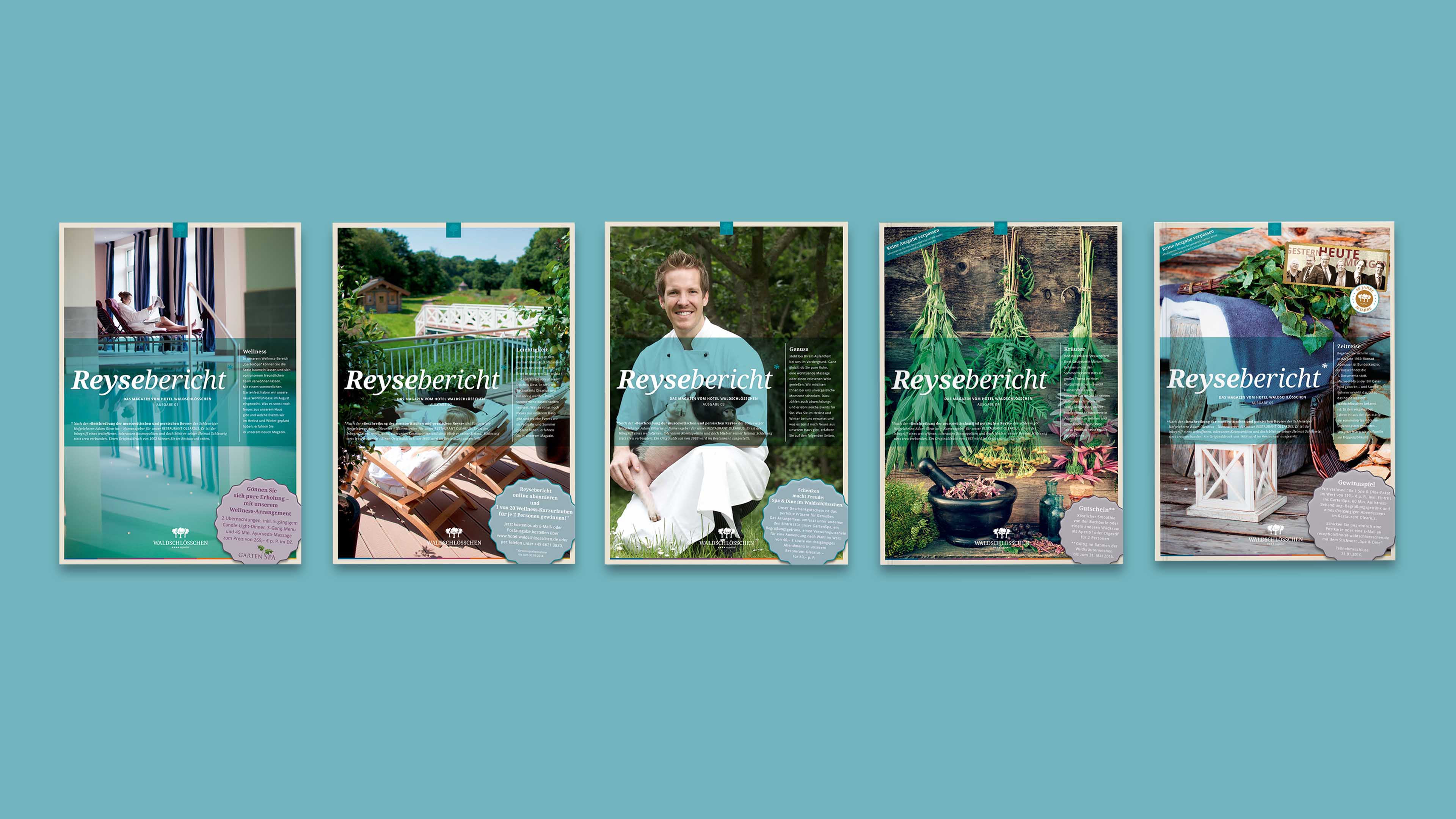 Fünf Hefte mit unterschiedlichen Frontseite