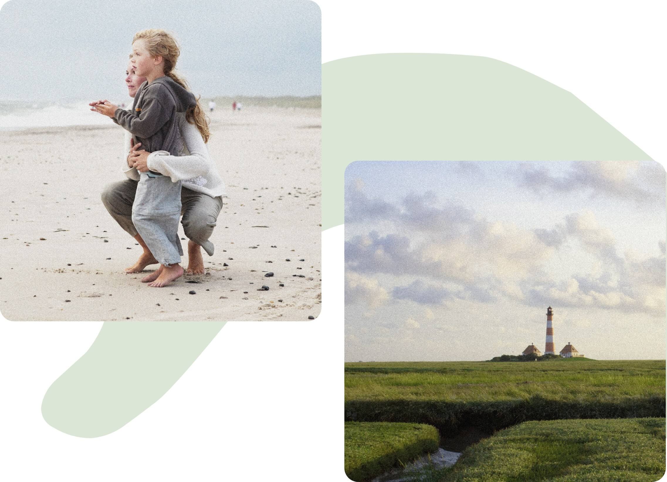 h2_wattwarft_teaser_02.jpg 2 Bilder: Junge mit Mutter am Strand und Leuchtturm vor hohem Gras.