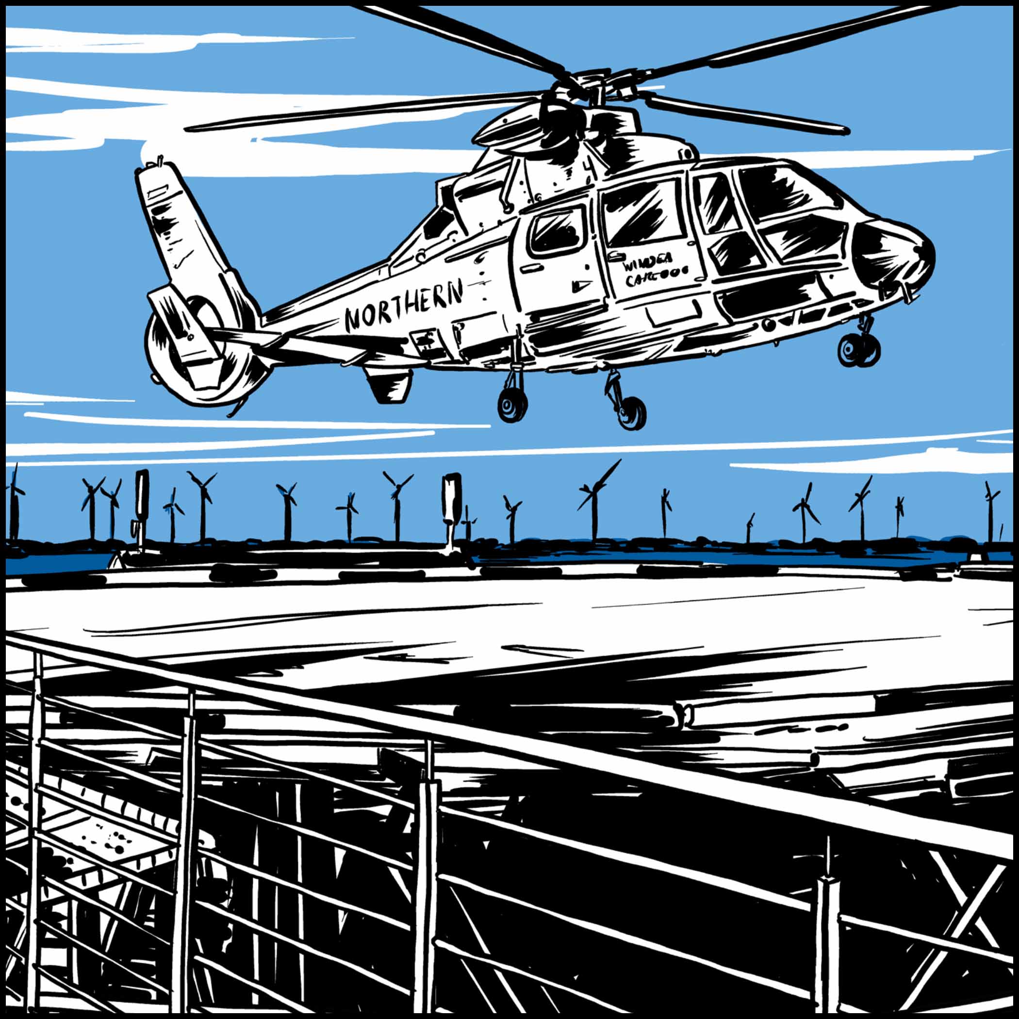 hochzwei_wkk_teaser_01.jpg Comiczeichnung von einem Helikopter der landet