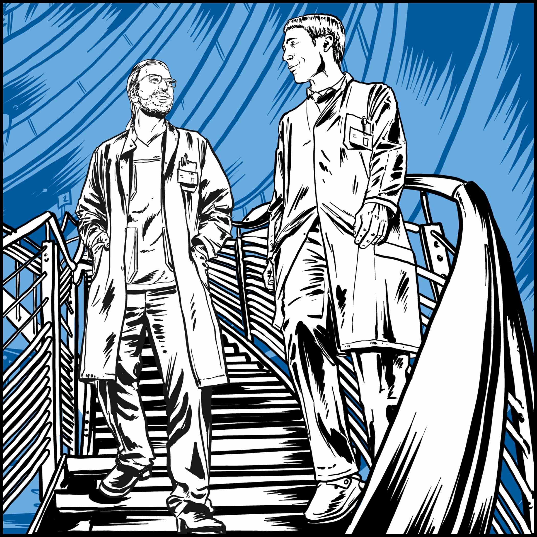 hochzwei_wkk_teaser_06.jpg Zwei gezeichnete Männer gehen eine Treppe runter