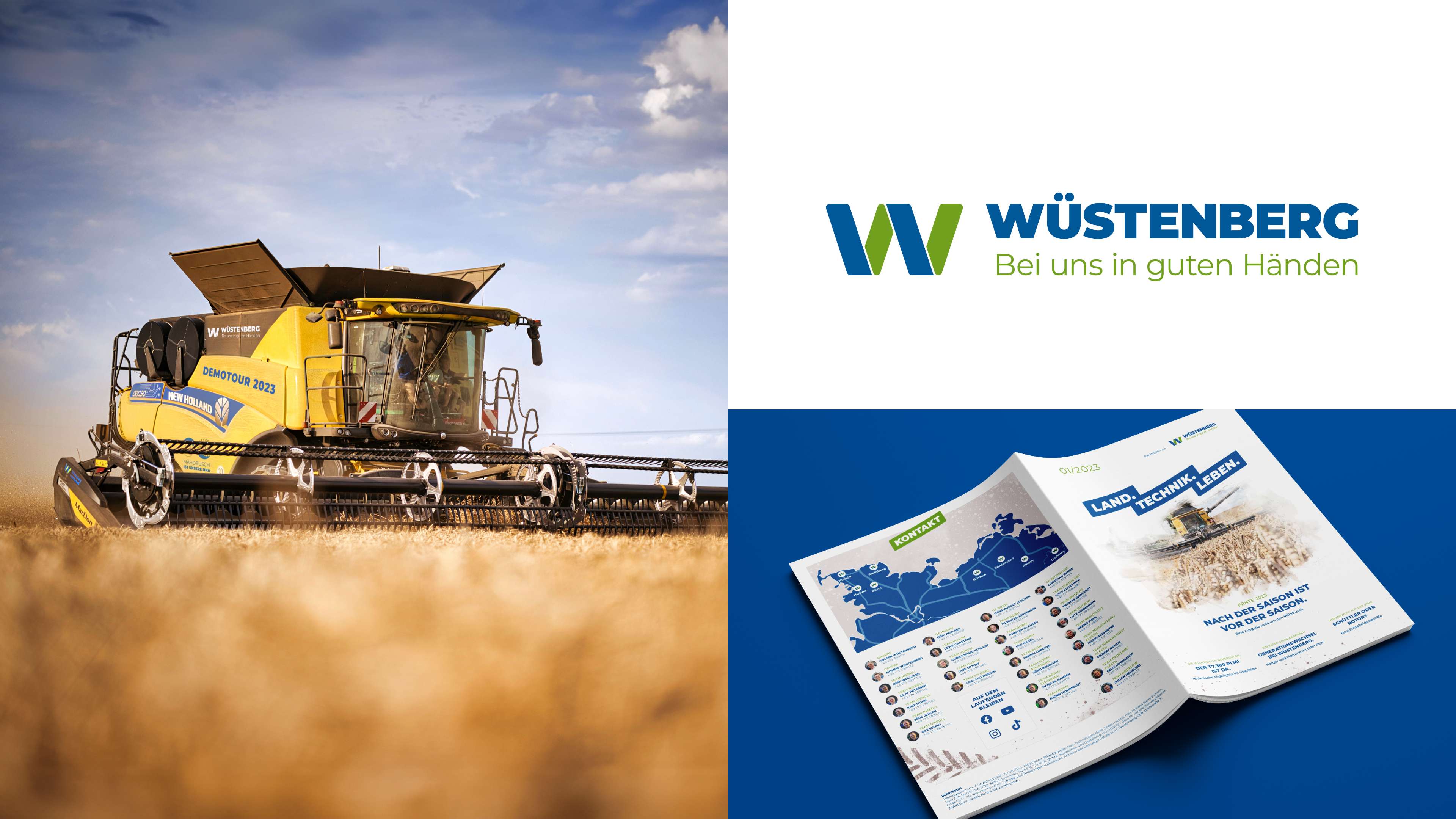 3er-Bild: Ein Mähdrescher, das Wüstenberg-Logo und die Fachzeitschrift
