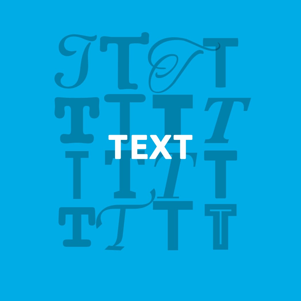 Das Wort Text mit mehreren Buchstaben im Hintergrund