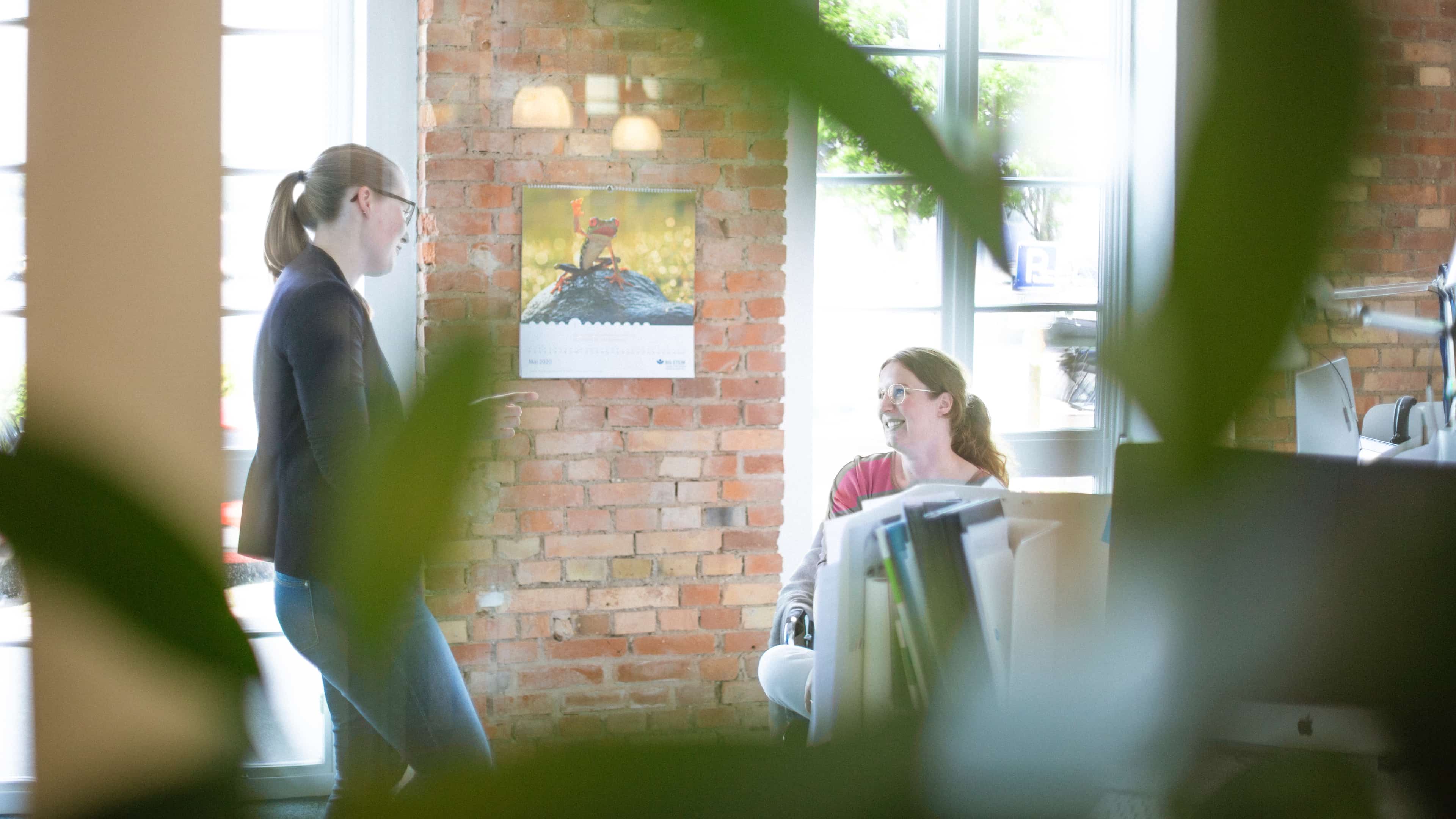 Zwei Hochzwei Mitarbeiterinnen führen Smalltalk