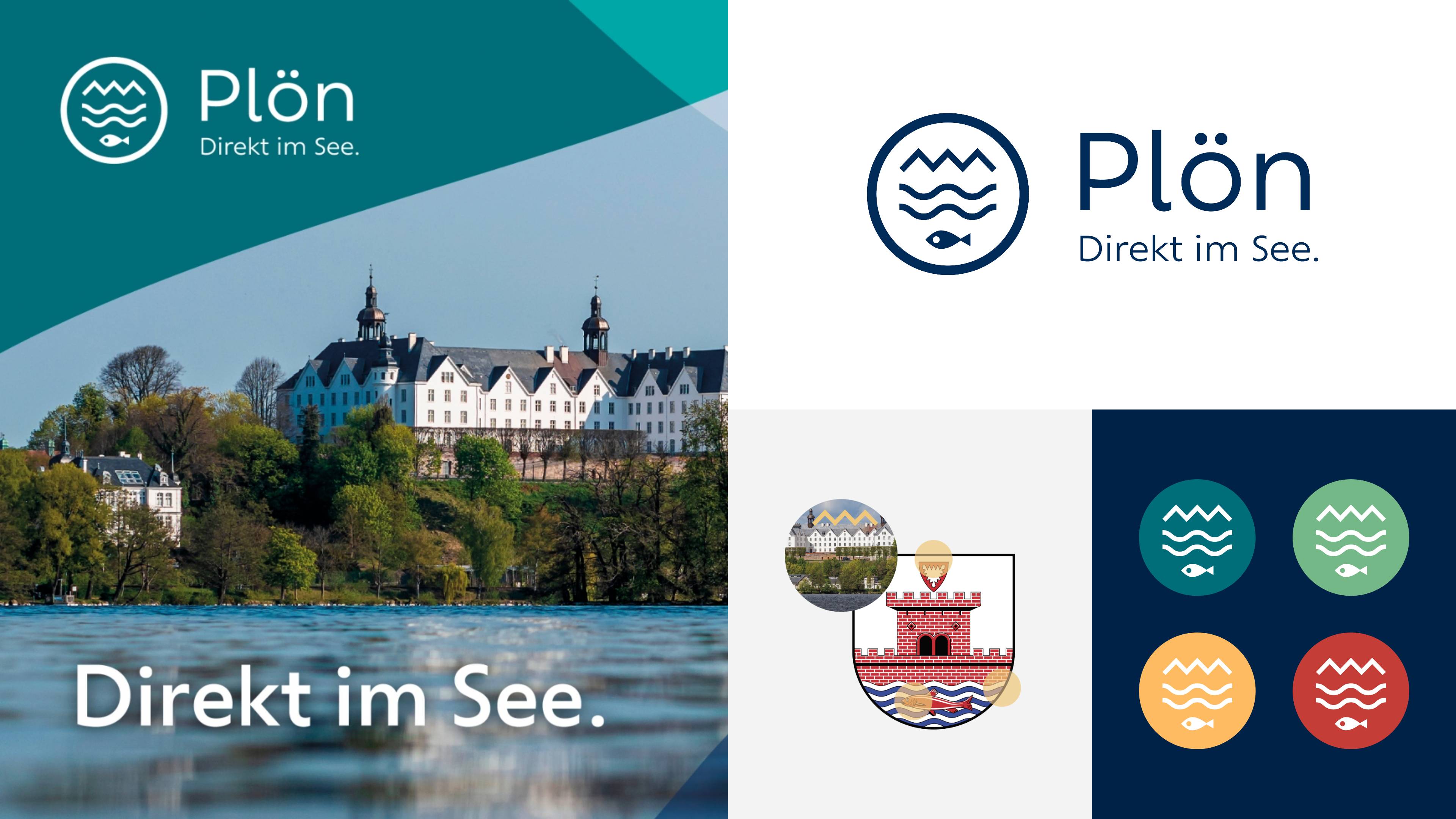 Collage mit vier Designbeispielen der Marke Stadt Plön. Ein Foto des Schlosses vom Wasser aus, das Logo mit dem Claim Direkt im See, das Stadtwappen und eine Übersicht des verwendeten Farbportfolios waldgrün, sonnengelb, wiesengrün und kaminrot