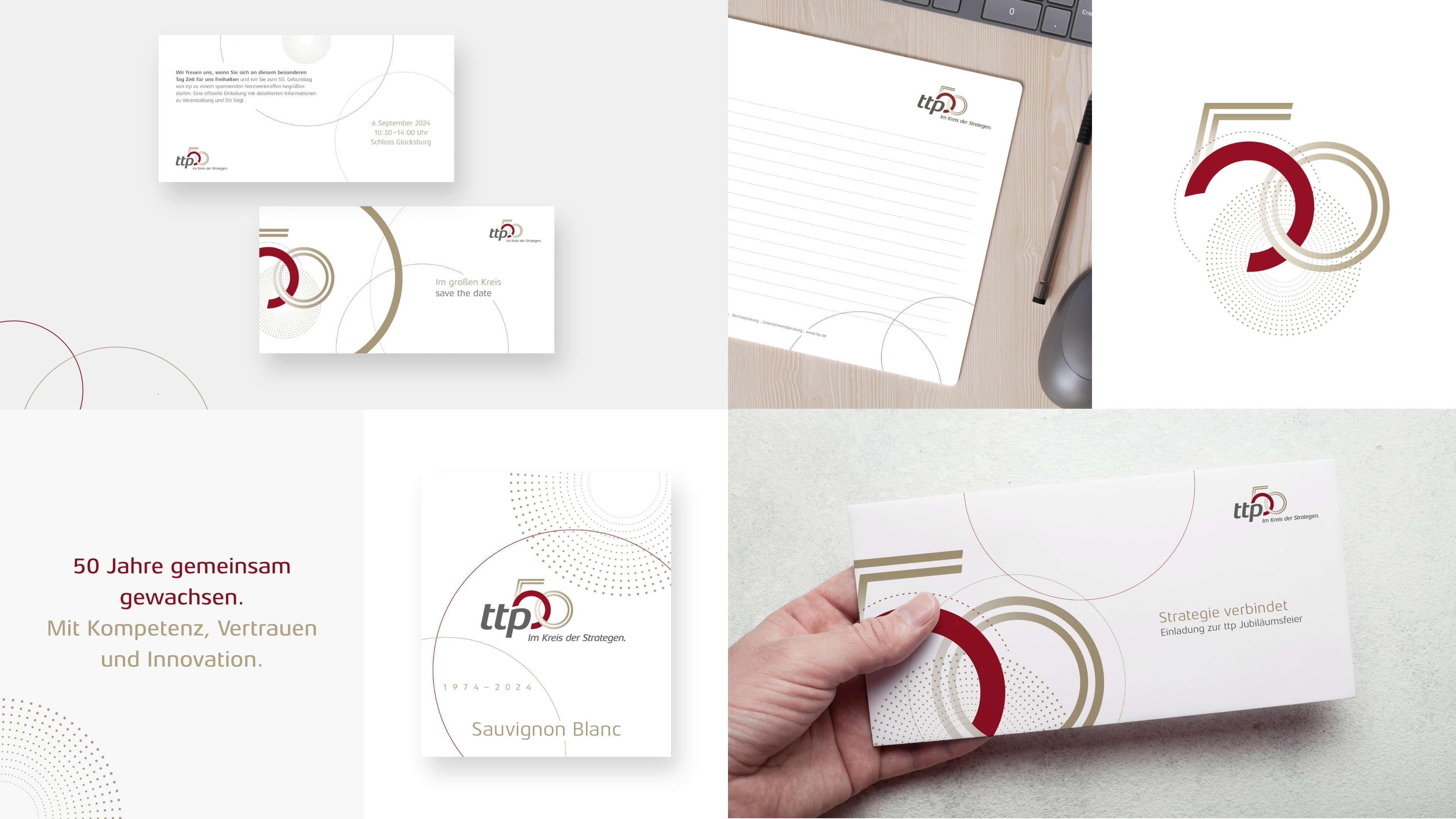 Collage mit vier Fotos von ttp Flyern in den Farben weiß, rot und gold