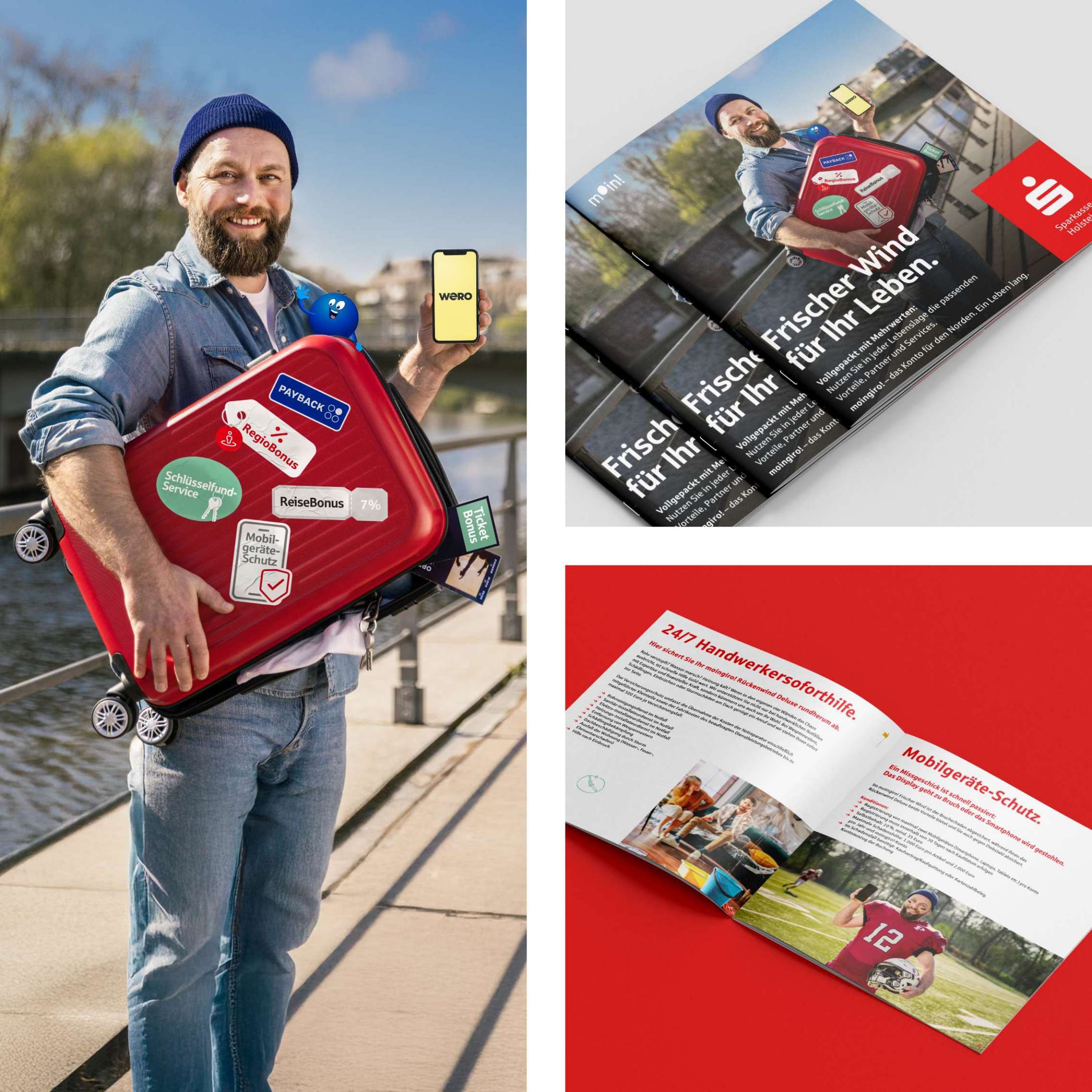 Drei Fotos einer Sparkassen Kampagne mit einem bärtigen Mann mit Mütze und großem roten Reisekoffer