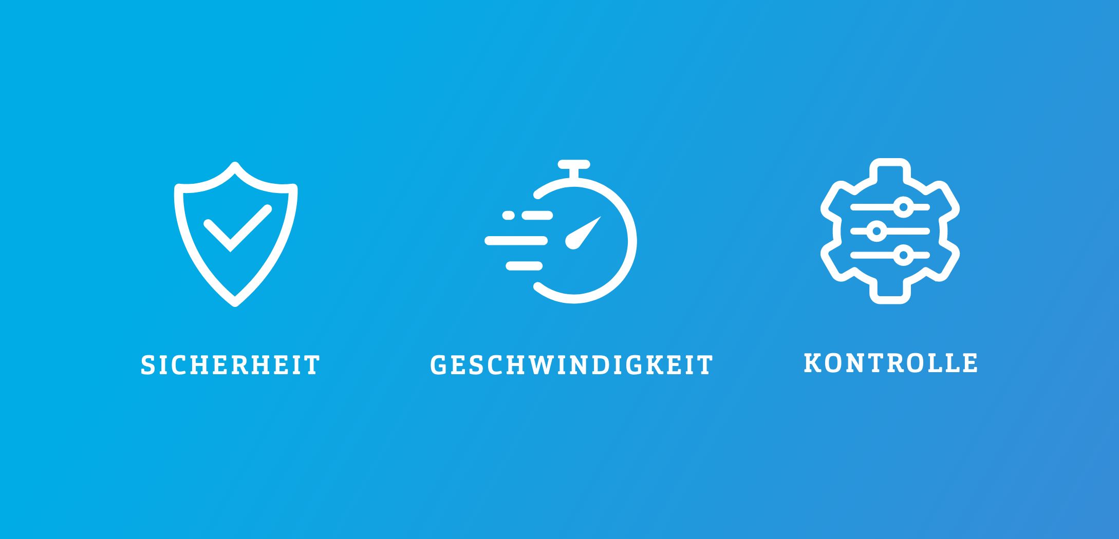 Drei Icons mit jeweils den Bedeutungen Sicherheit, Geschwindigkeit und Kontrolle