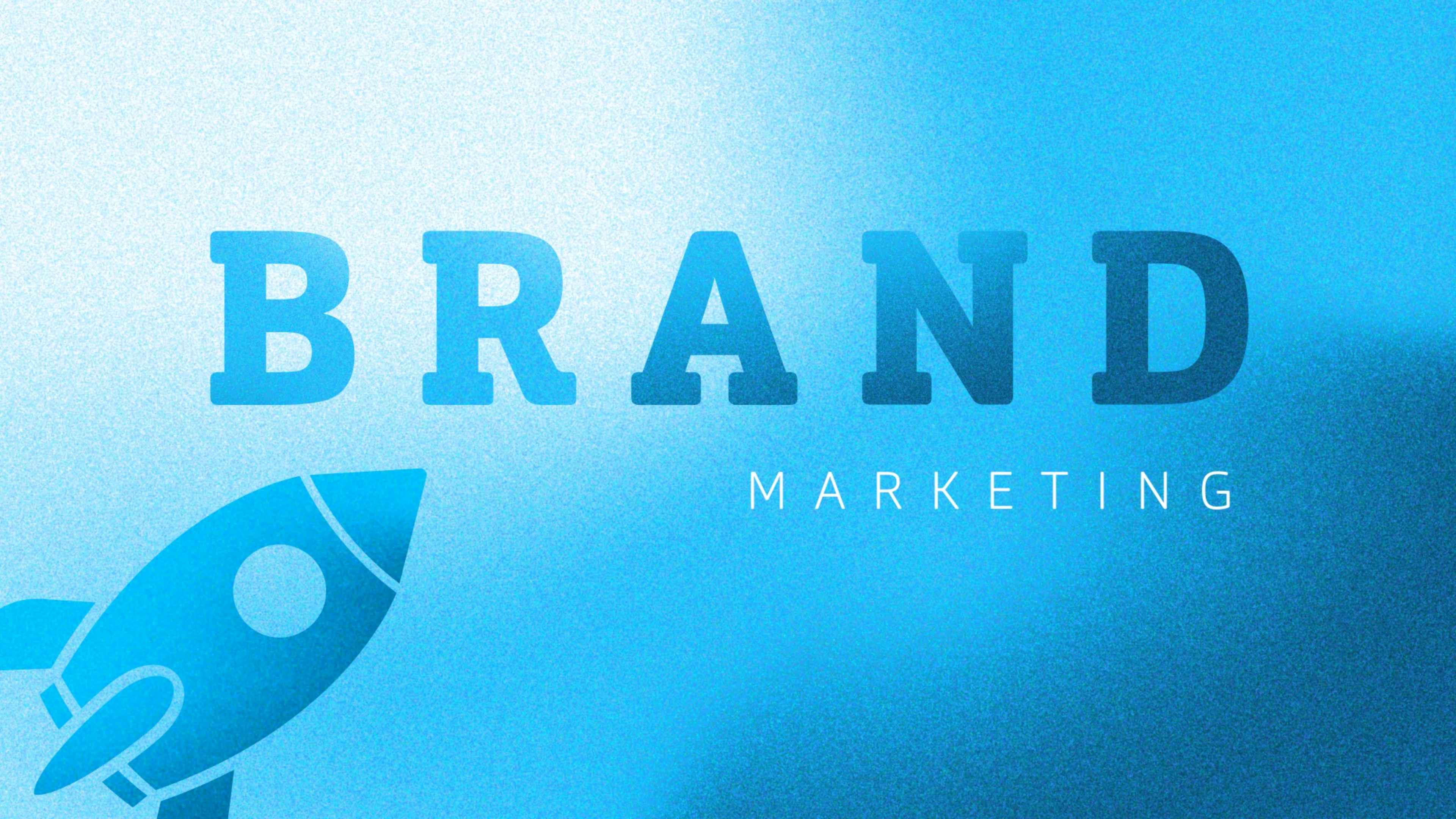Blaue Grafik mit dem Schriftzug Brand Marketing und der Silhouette einer Rakete