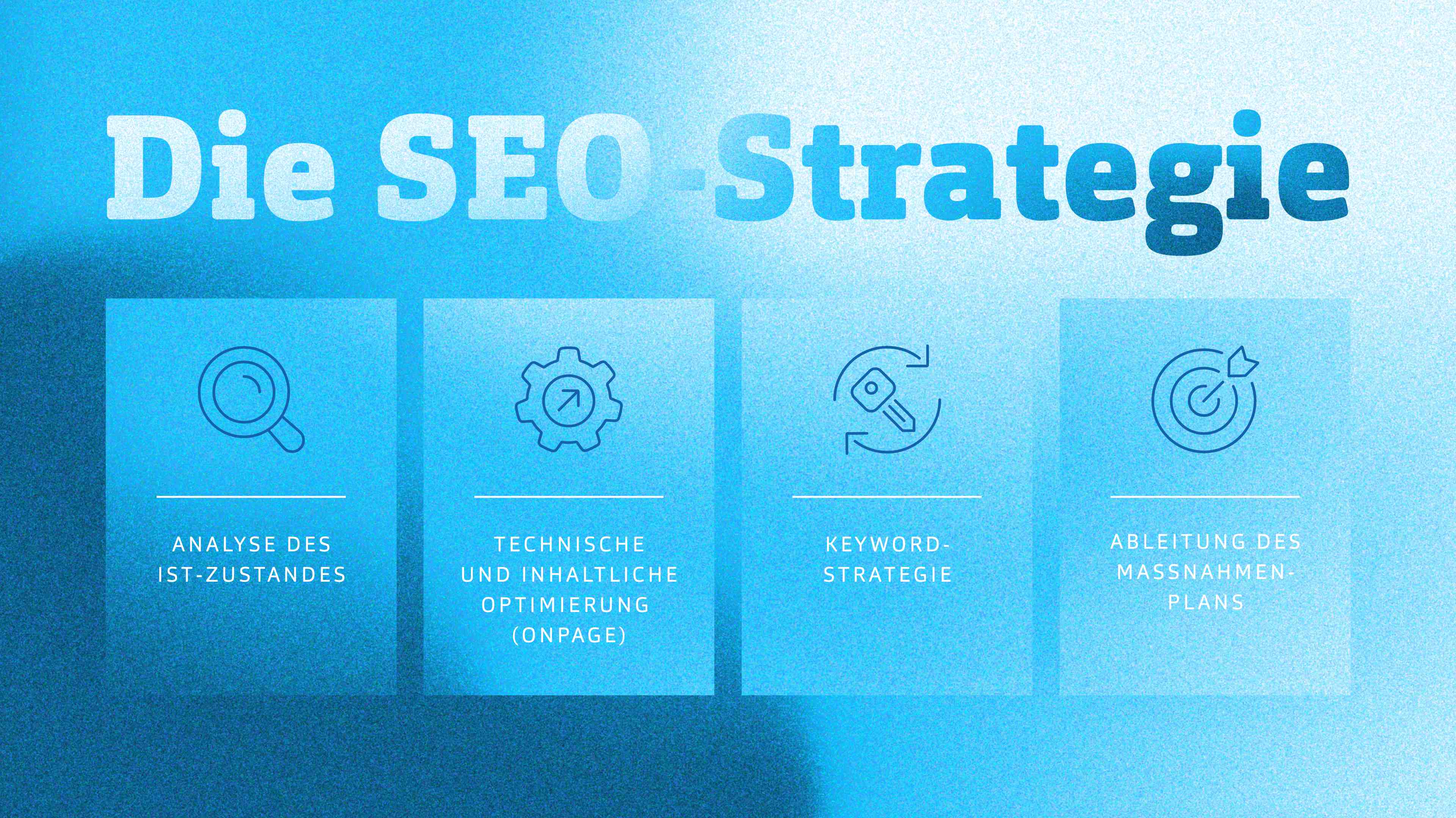 Textgrafik: Die SEO-Strategie 1. Analyse des Ist-Zustandes, 2. Technische und inhaltliche Optimierung (Onpage), 3. Keyword-Strategie und 4. Ableitung des Maßnahmenplans