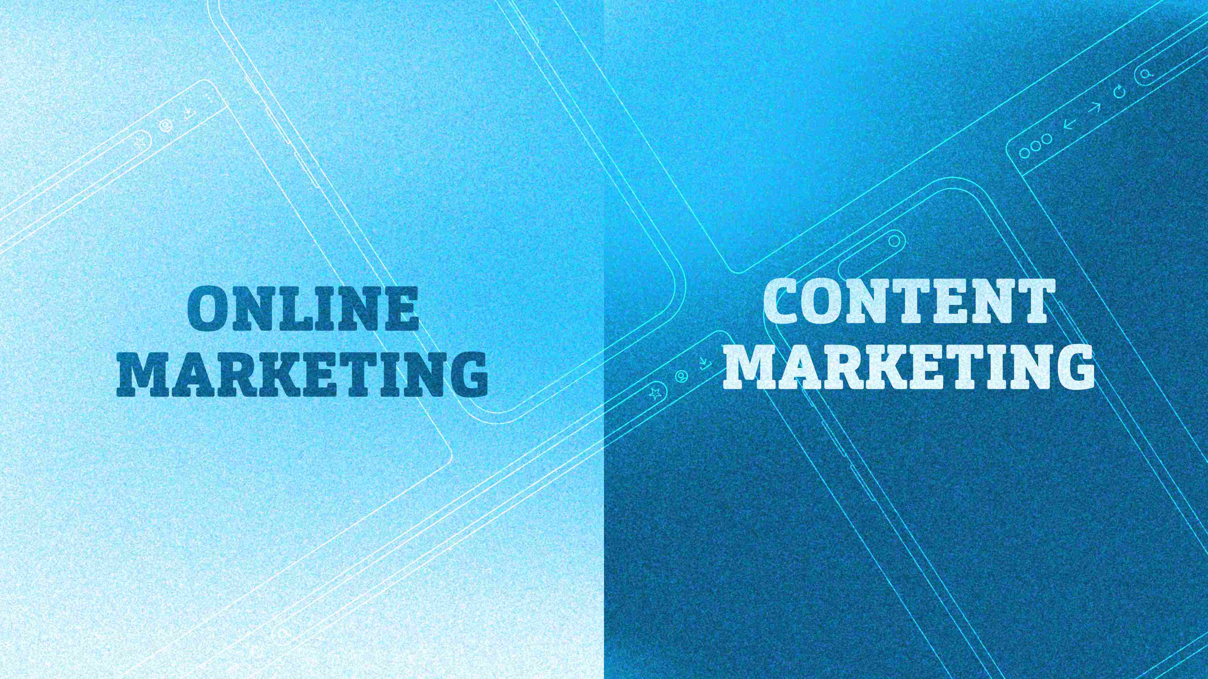 Blaue Grafik mit den Schriftzügen Onlinemarketing und Contentmarketing