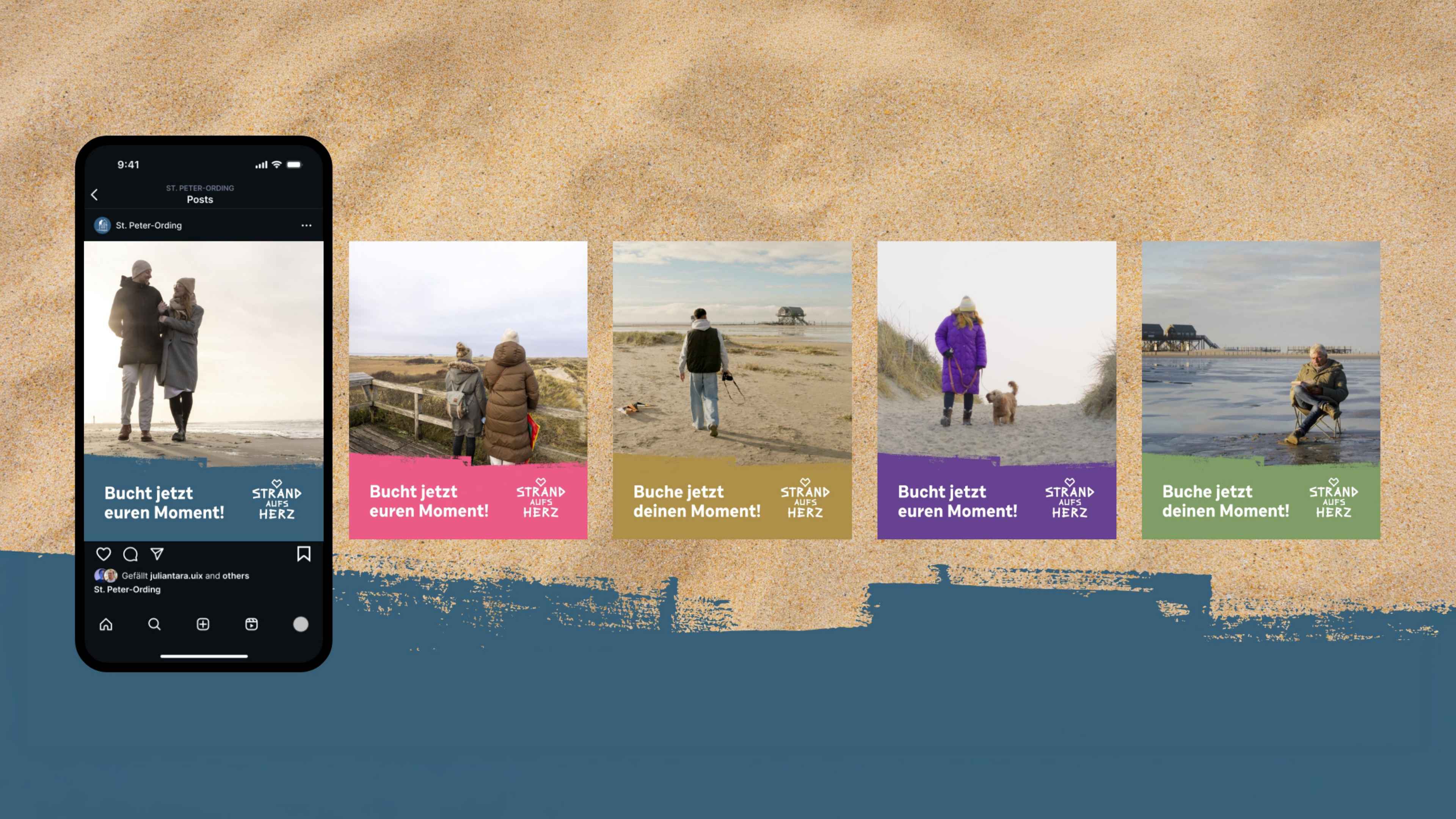 Fünf Bilder eines Instagram Posts mit Menschen am Strand von der Kampagne Strand aufs Herz Sankt-Peter Ording