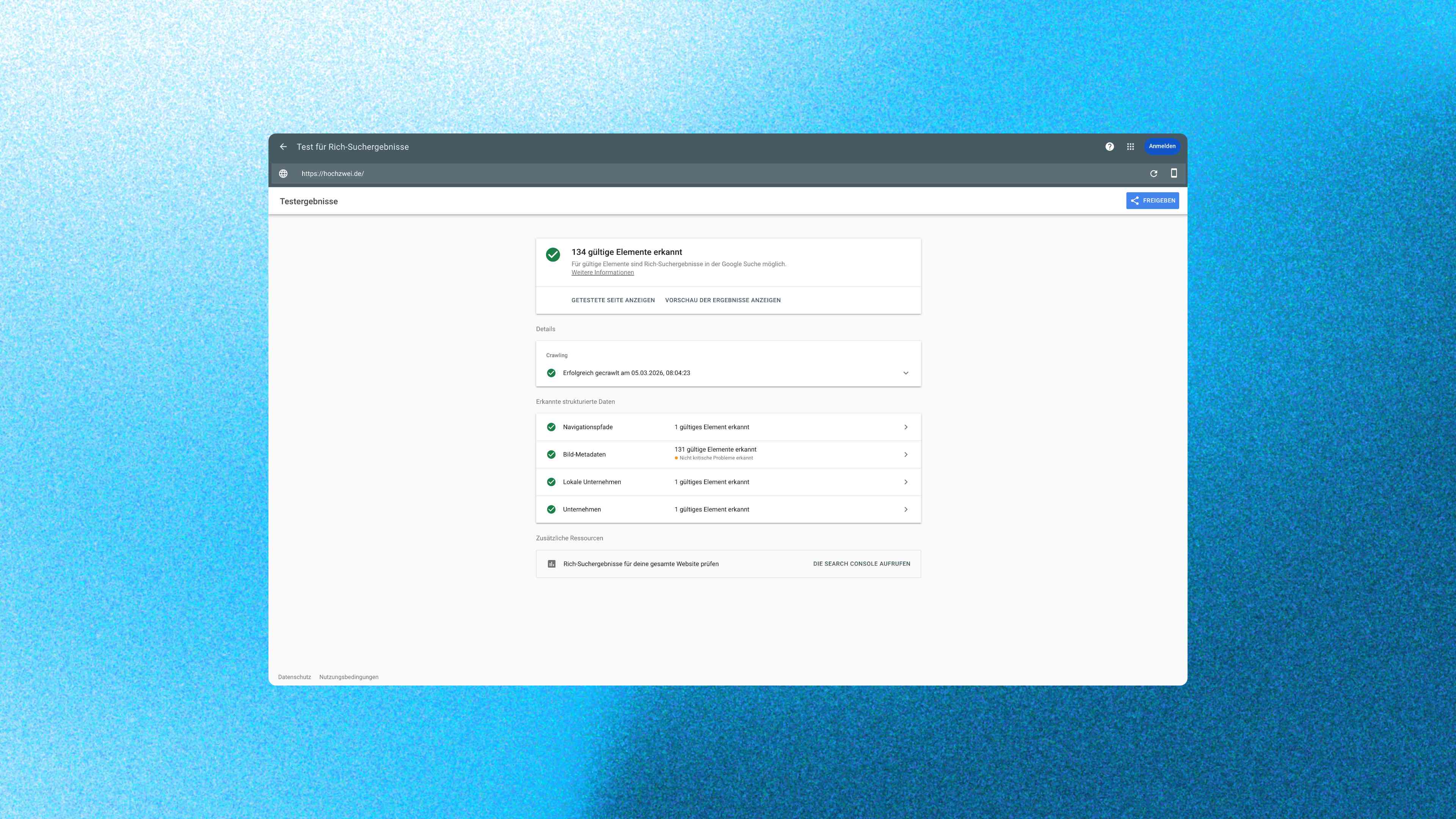 Testergebnisse eines Crawls auf strukturierte Daten