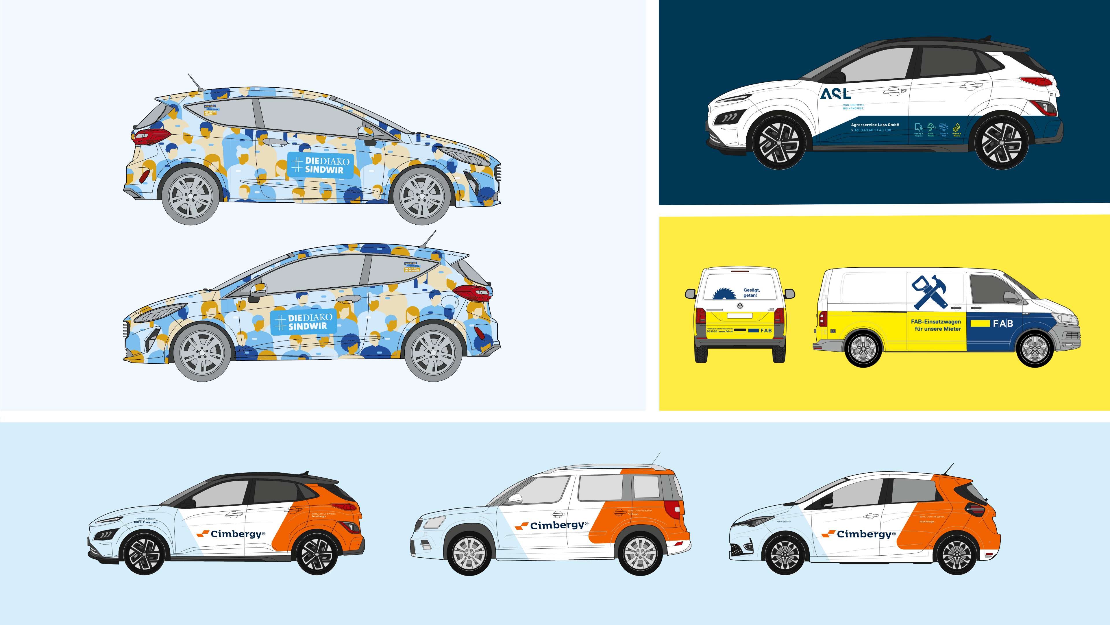 Vier verschiedene Versionen einer Fahrzeugbeschriftung.