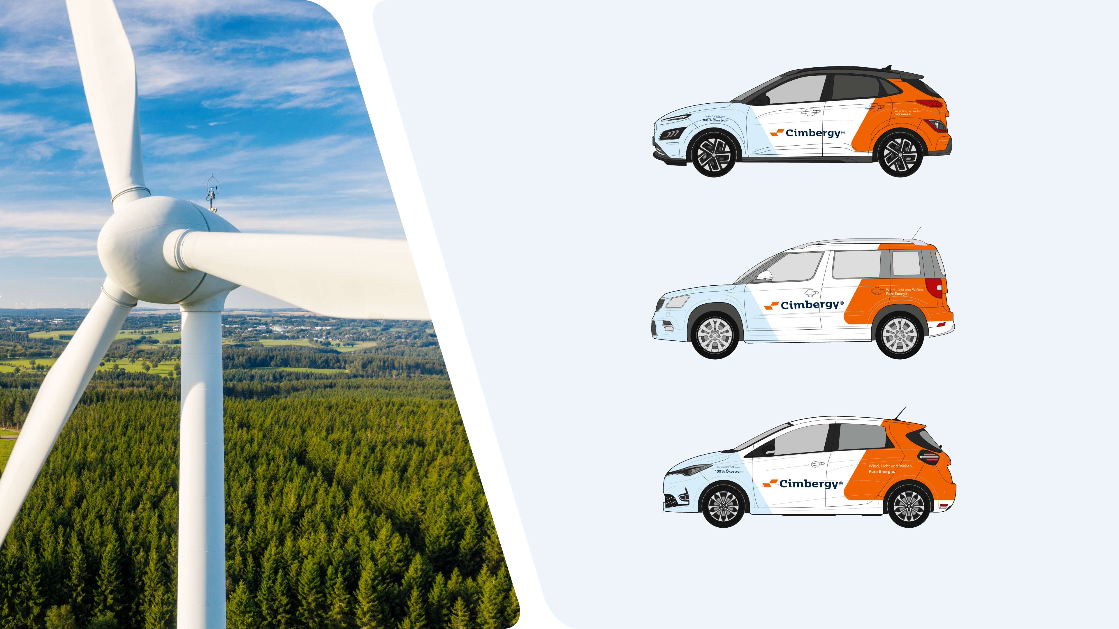 Autobeschriftung für das Energieunternehmen Cimbergy. Links daneben ein Windrad.