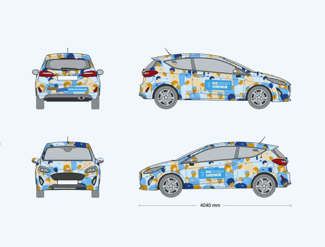 Die Animation eines Pkws mit der Beschriftung der DIAKO von allen Seiten.