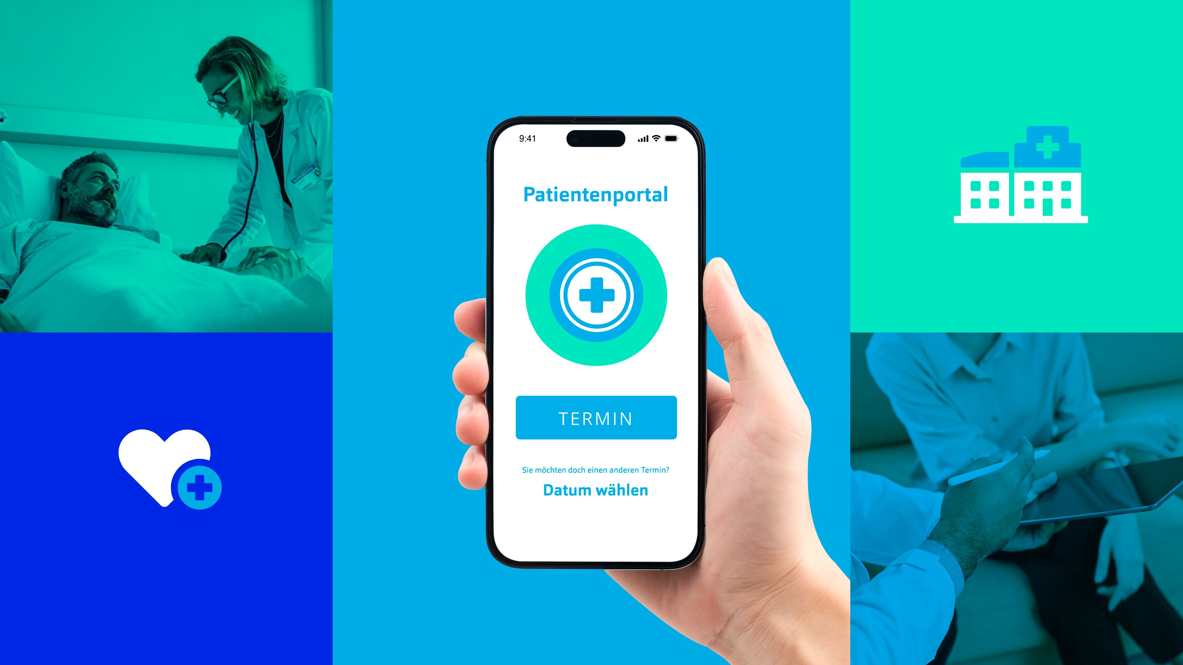 Bildercollage mit dem Themenschwerpunkt "Patientenportal"