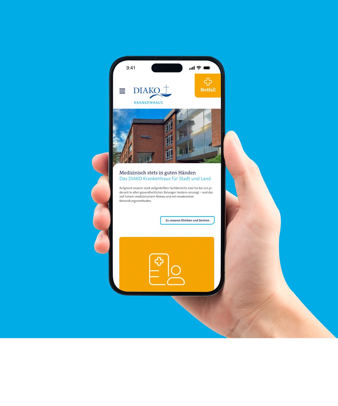 h2_Einblicke_KHZG_teaser_07.jpg Die neue Webseite des DIAKO-Krankenhauses Flensburg in der mobilen Ansicht.