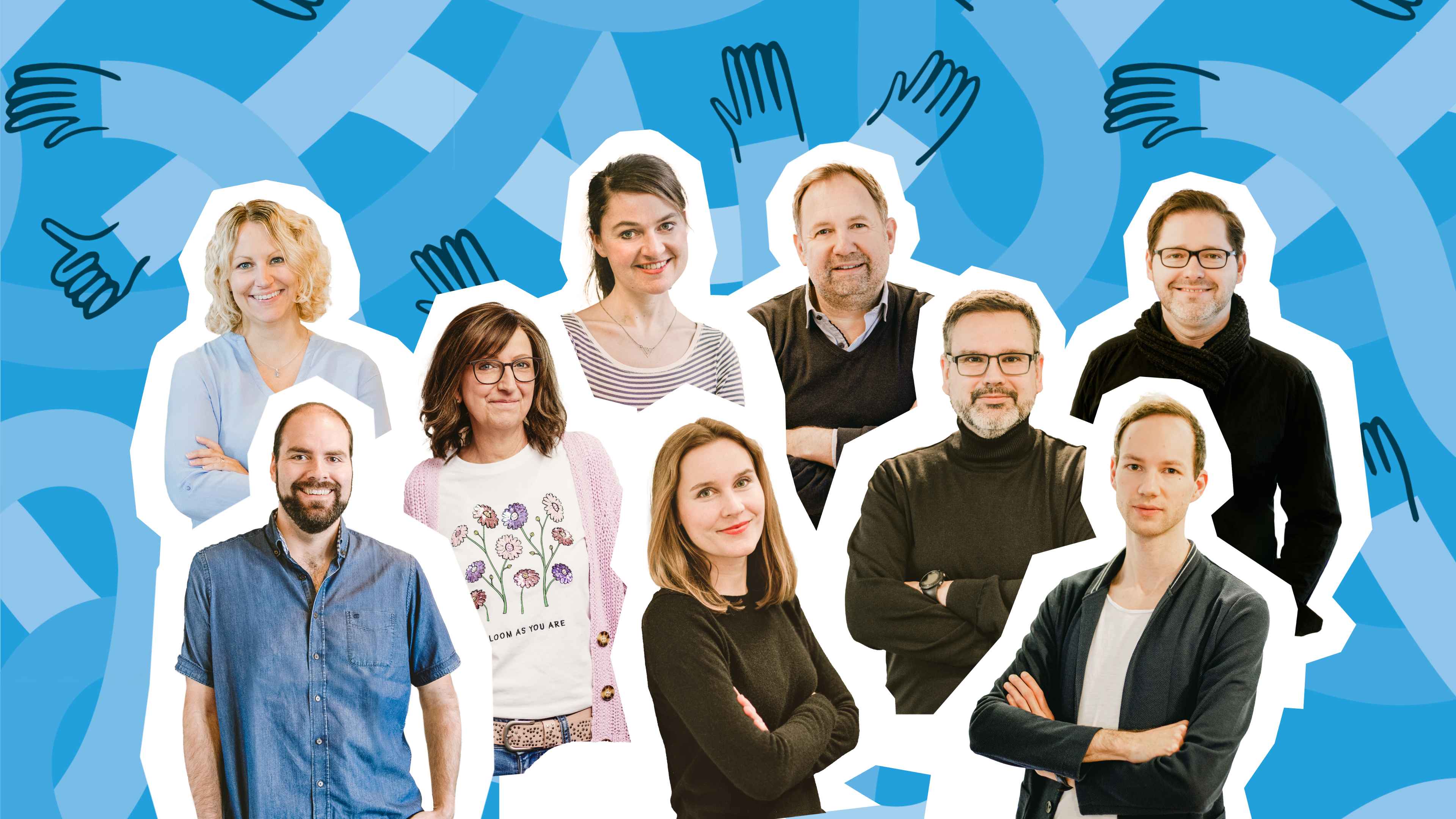 Silhouetten von 9 langjährigen Mitarbeitern bei HOCHZWEI auf blauem Hintergrund.