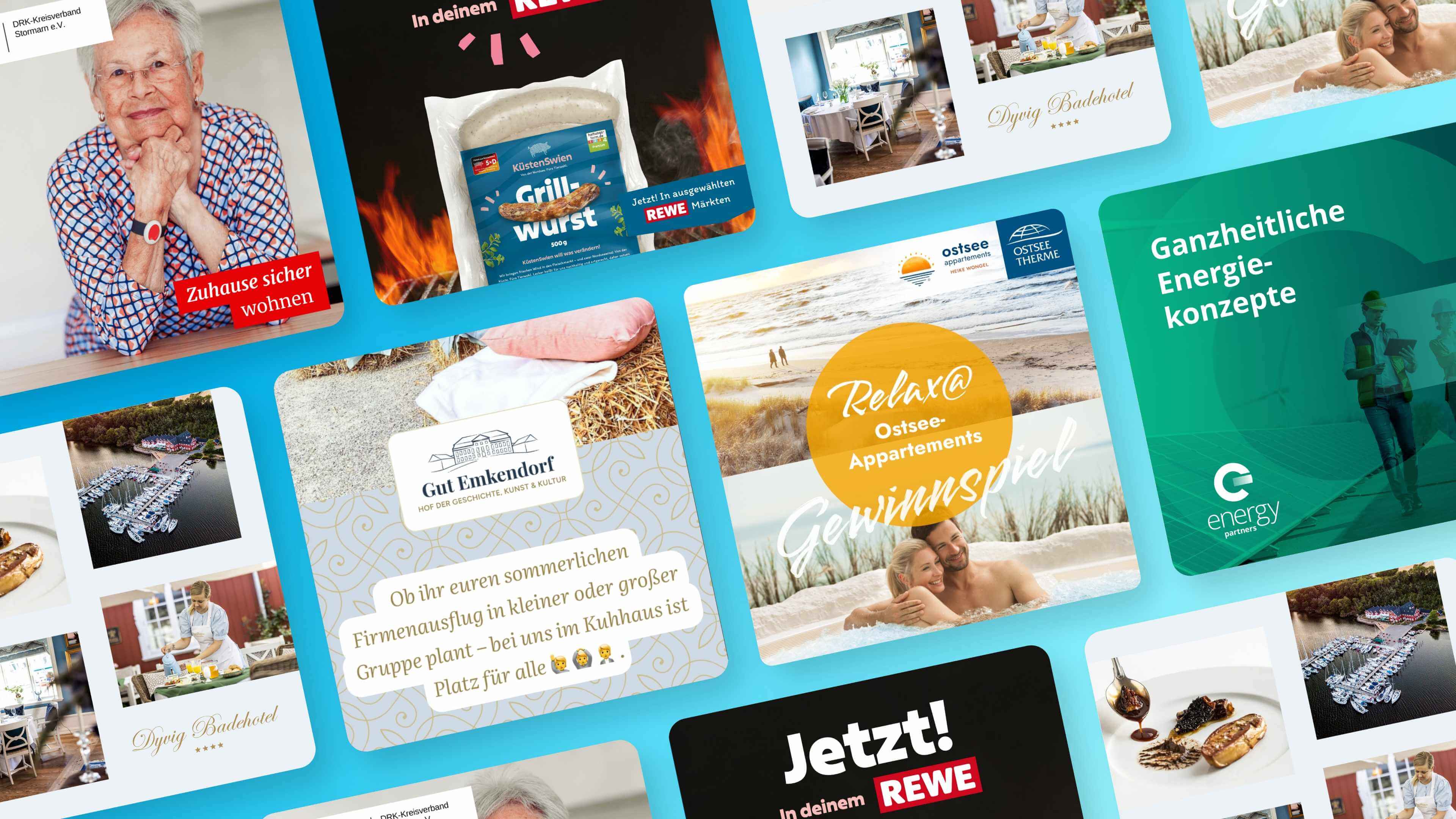 Collage von exemplarischen Meta Ads mit Text: "Werben mit Meta Ads".