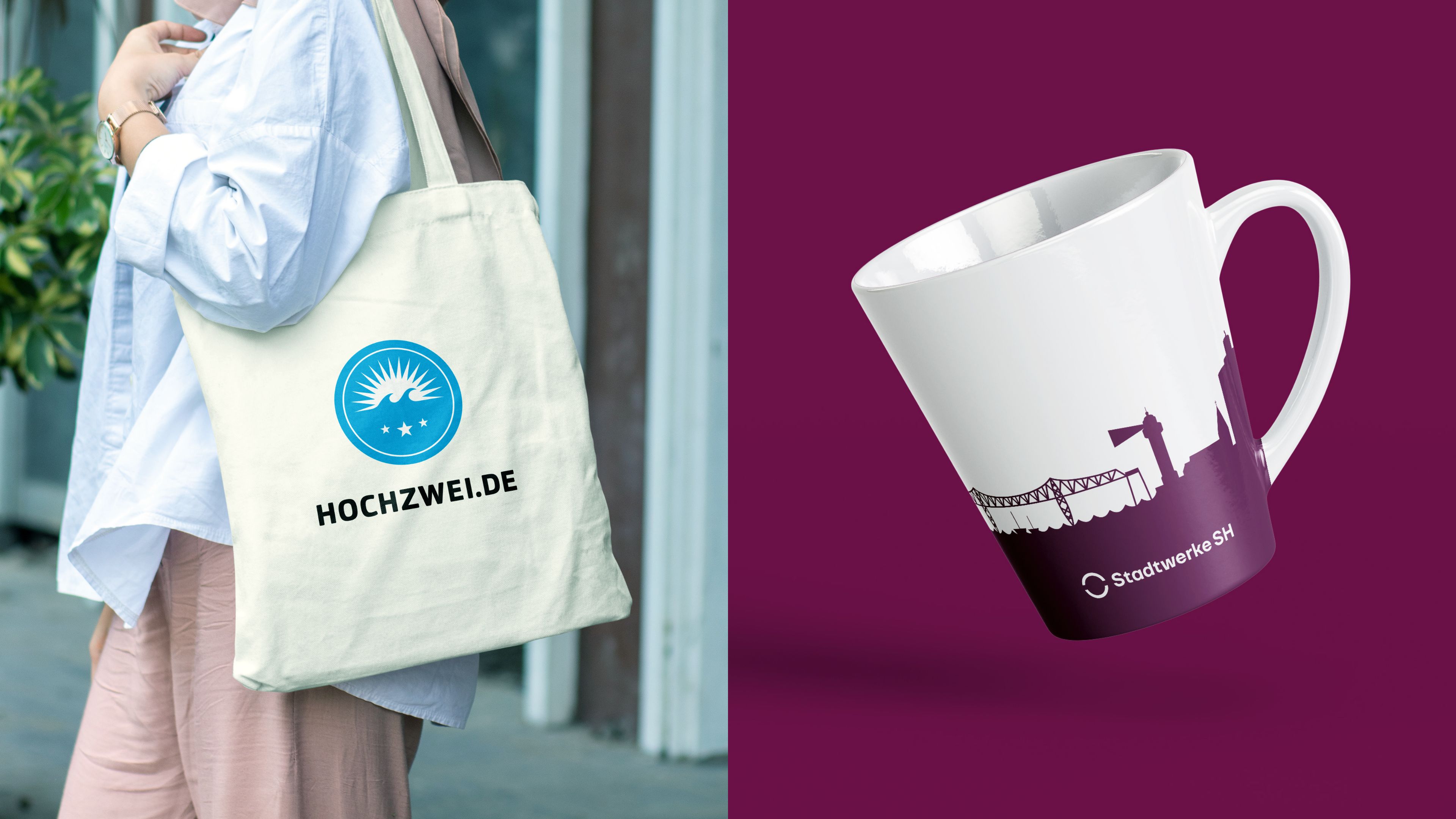 hochzwei_wulf_slider_02.jpg Ein Jutebeutel von HOCHZWEI und eine Tasse von den Stadtwerken SH