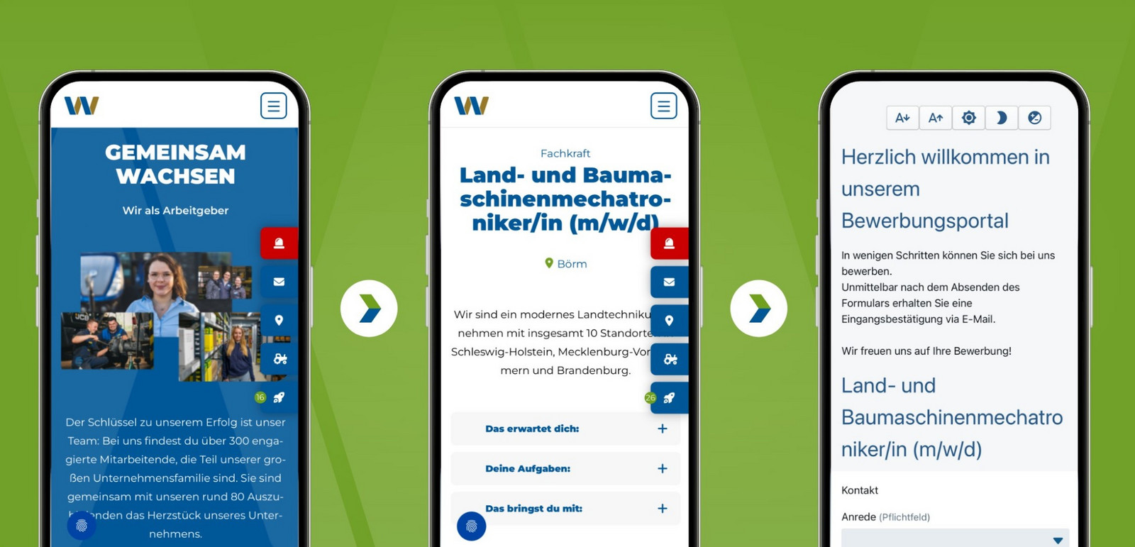 Drei mobile Ansichten von der Wüstenberg Website