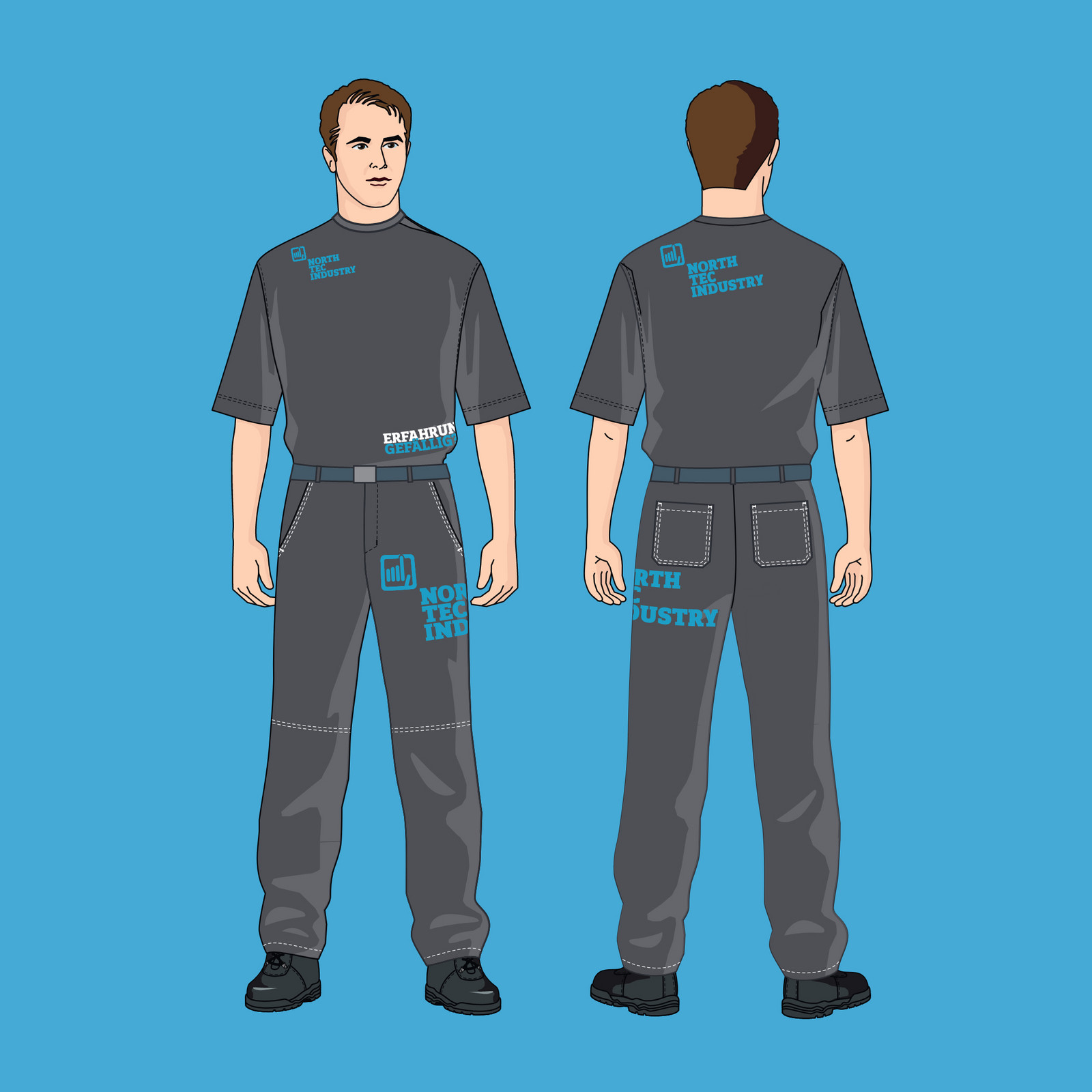 Ein illustrierter Mann in grauer Arbeitskleidung