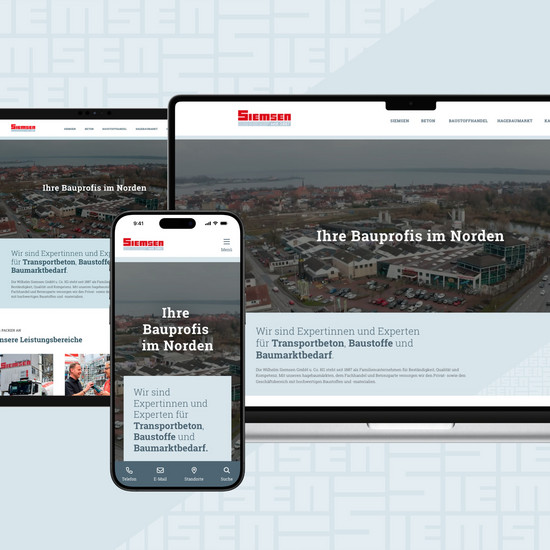 Ansicht der Siemsen Website auf verschiedenen Endgeräten. Tablet, Smartphone, Laptop.