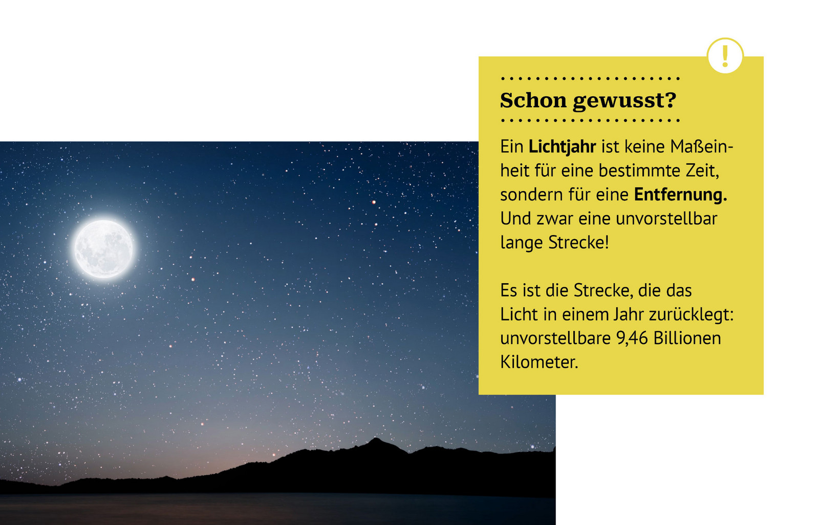 Foto des Vollmondes und sternenklaren Himmels, daneben ein Erklärungstext, dass ein Lichtjahr keine Zeiteinheit ist, sondern eine Längeneinheit, die 9,46 Billionen Kilometern entspricht.