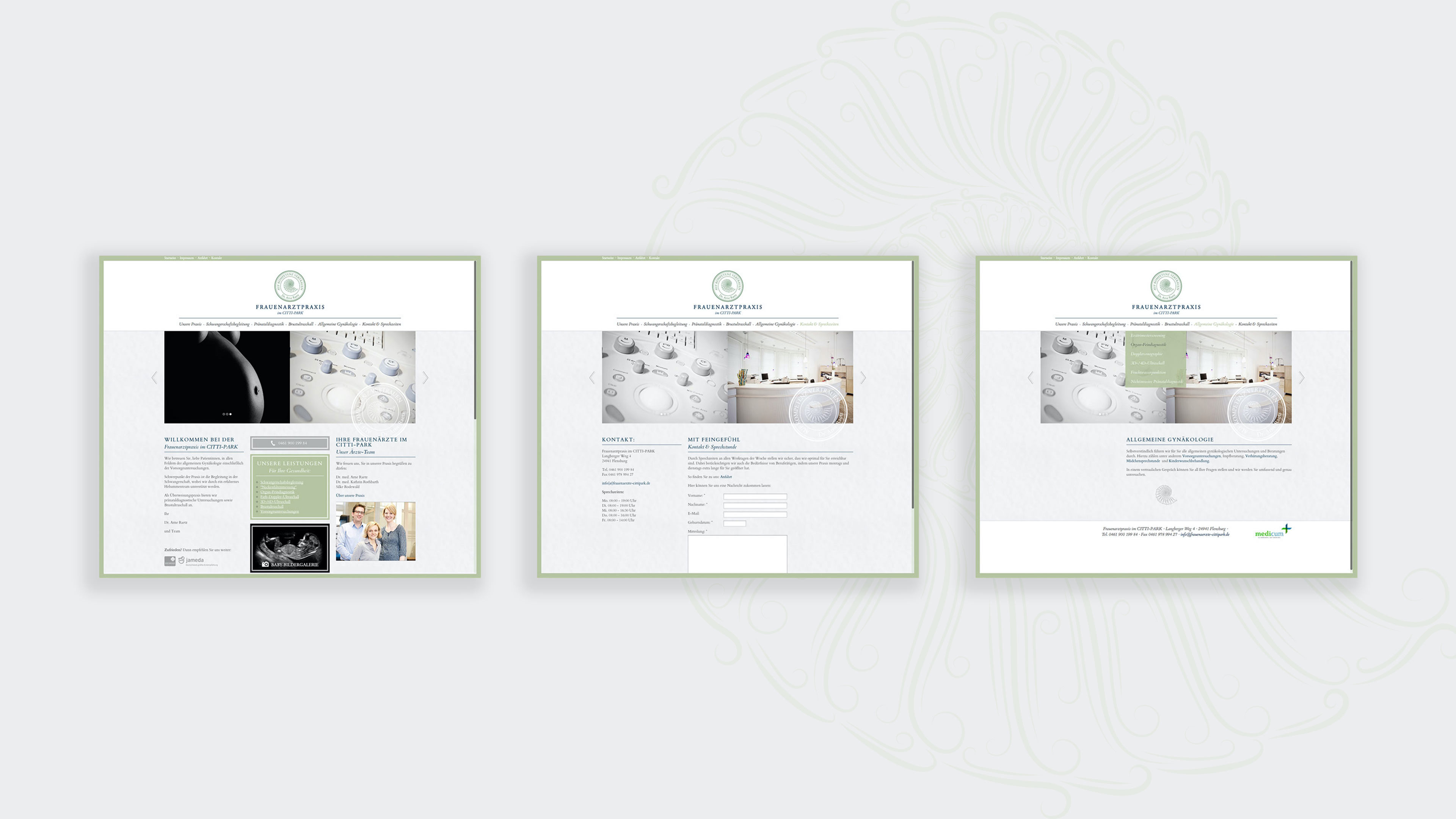 Drei Screenshots der Website der Frauenarztpraxis im Citti-Park