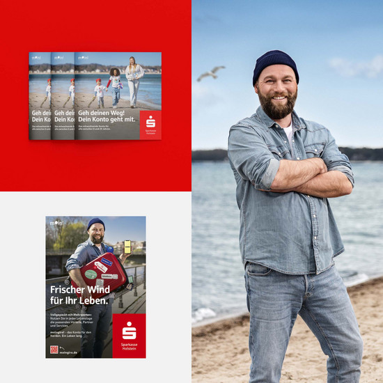 Collage Mann mit Wollmütze am Strand und zwei Flyer von moingiro