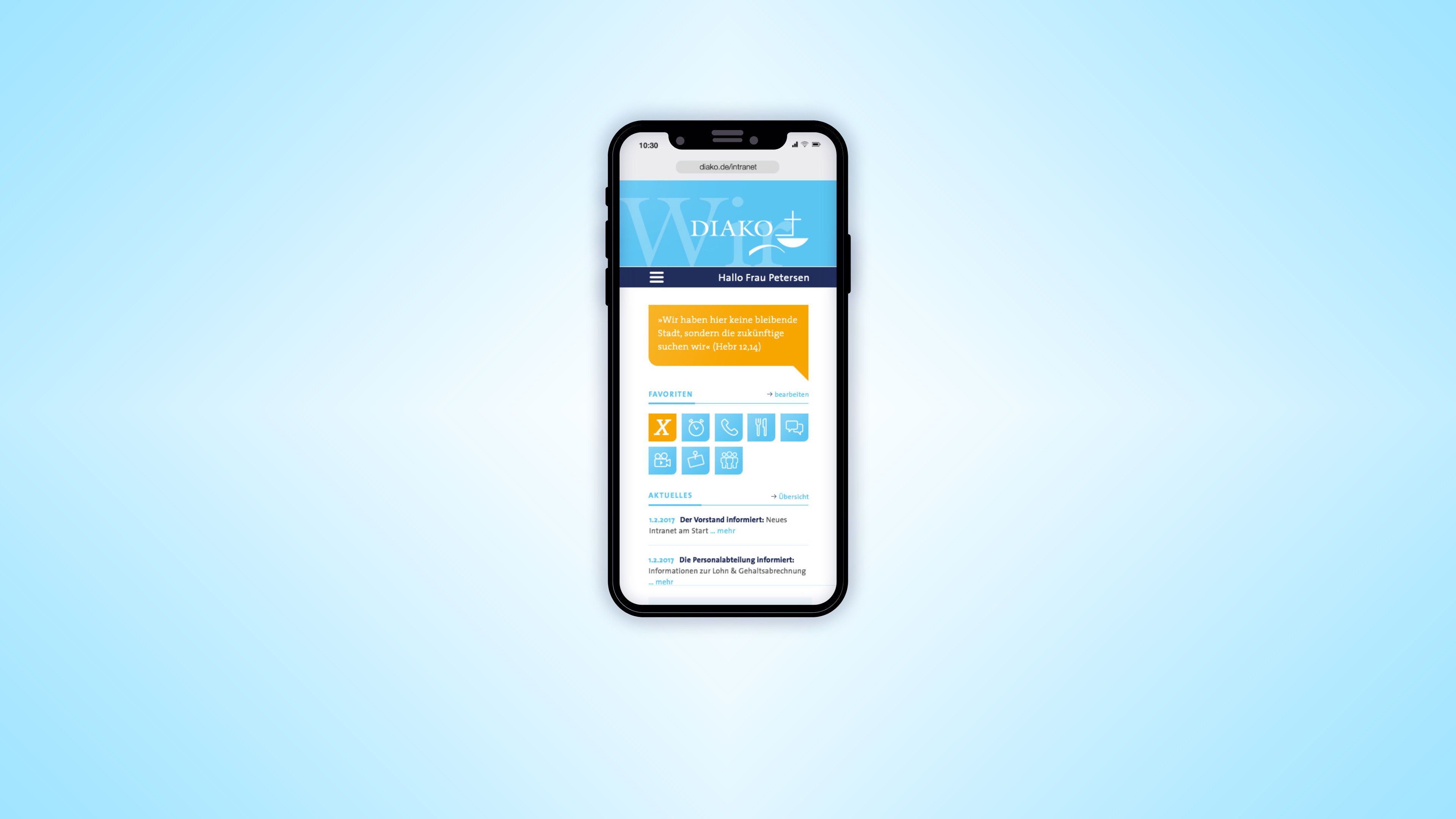 Smartphone zeigt Intranet der Diako