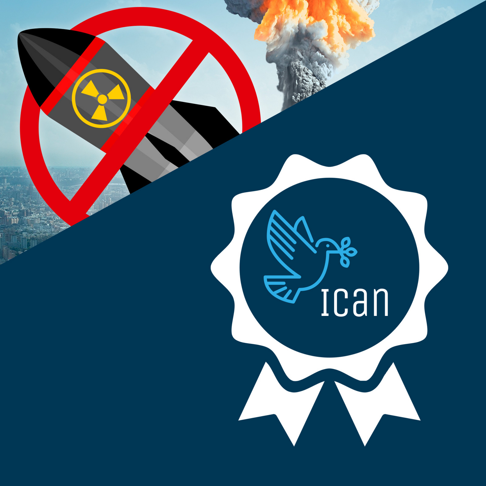 Zweigeteiltes Bild mit durchgestrichener Atombombe und Friedestaubenabzeichen